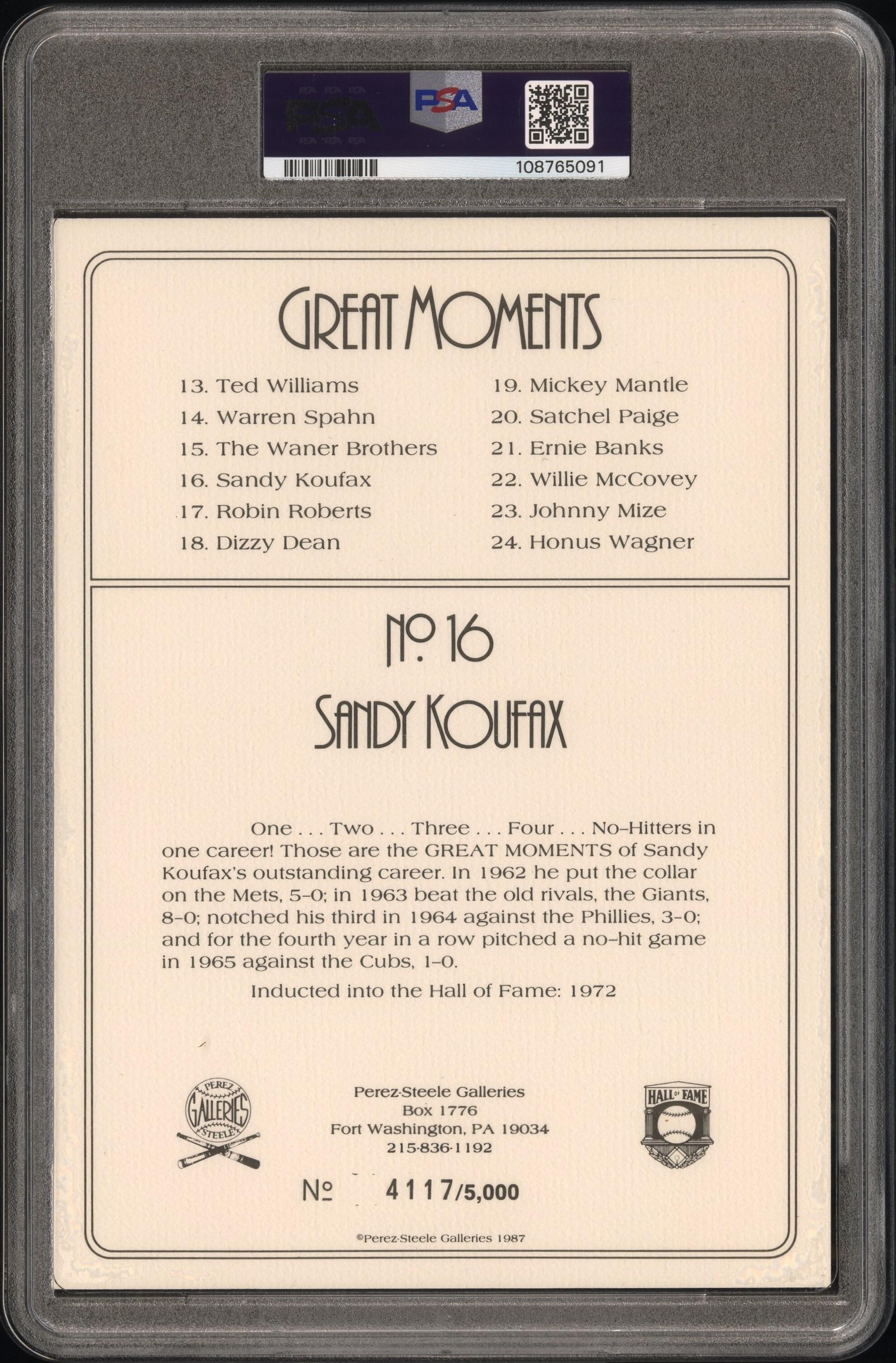 A Sandy Koufax Signed Autograph Perez Steele Great Moments Postcard (PSA)
