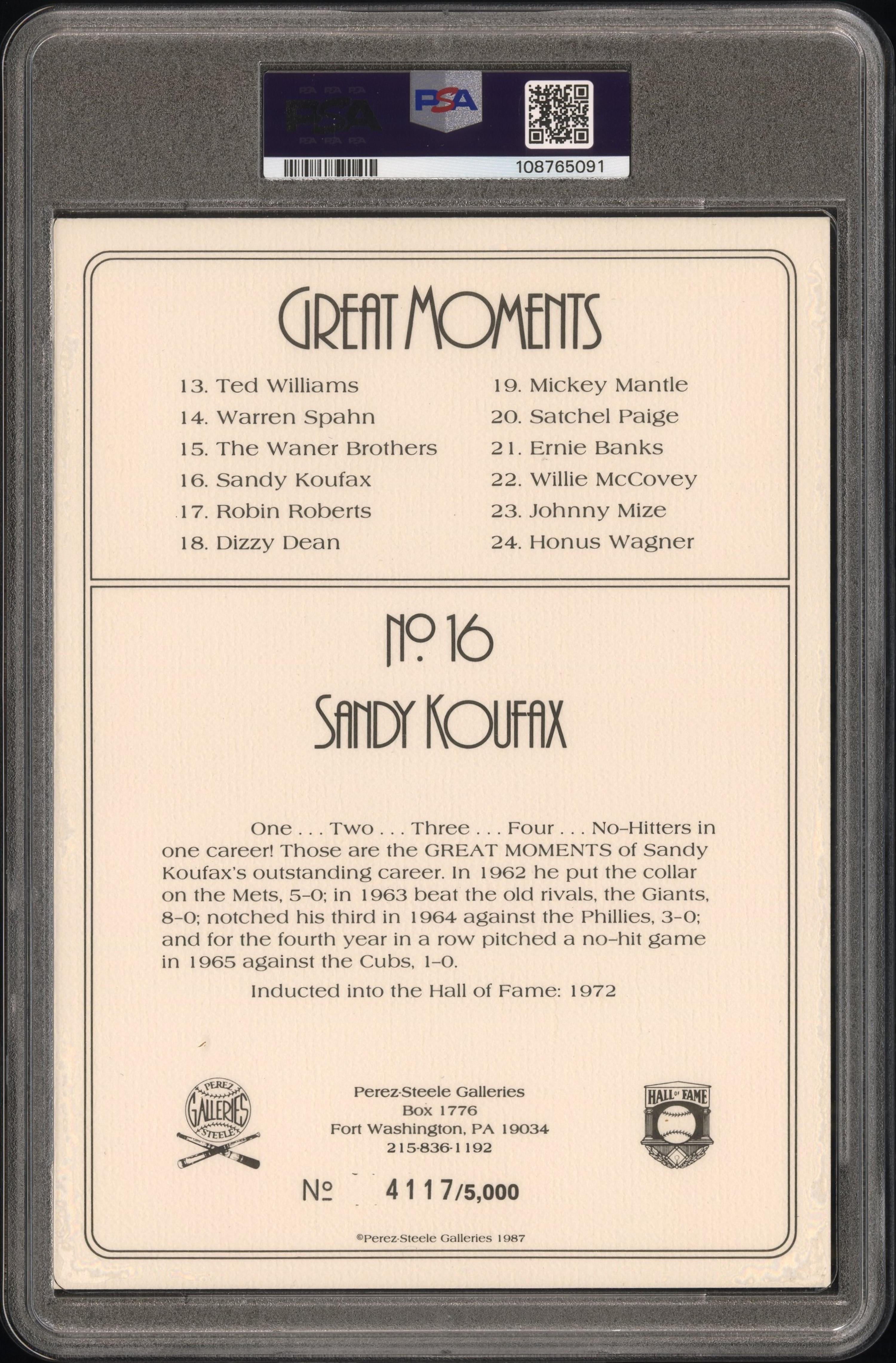 A Sandy Koufax Signed Autograph Perez Steele Great Moments Postcard (PSA)