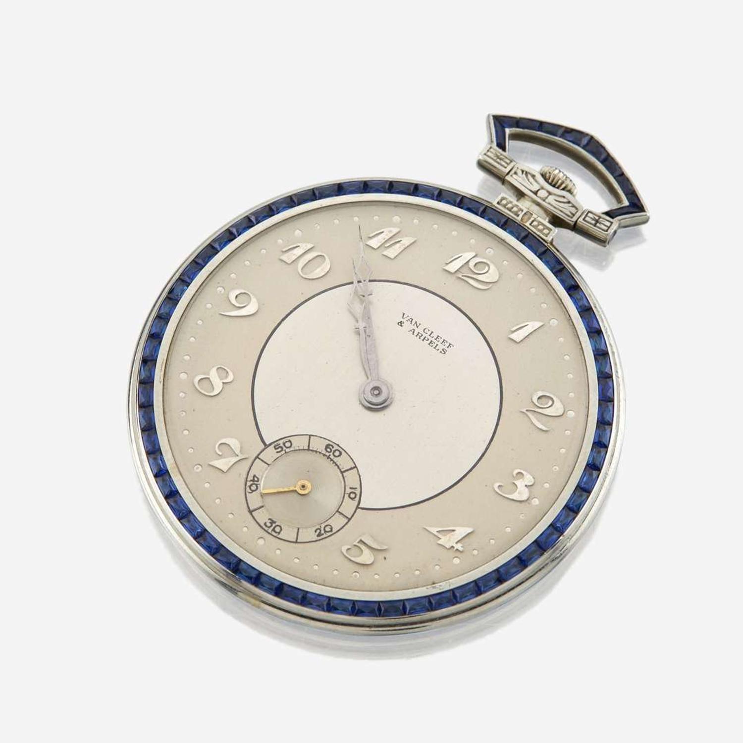 A white gold and sapphire openface pocket watch, Van cleef & Arpels