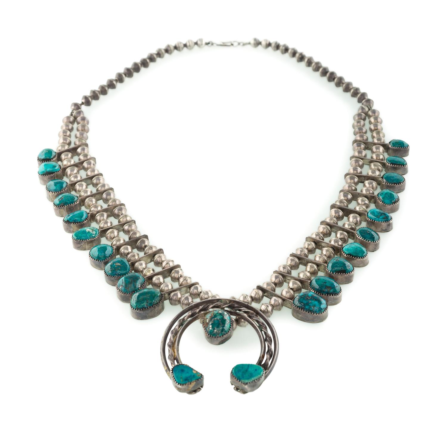 Navajo Silver and Turquoise Squash Blossom Necklace