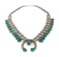 Navajo Silver and Turquoise Squash Blossom Necklace