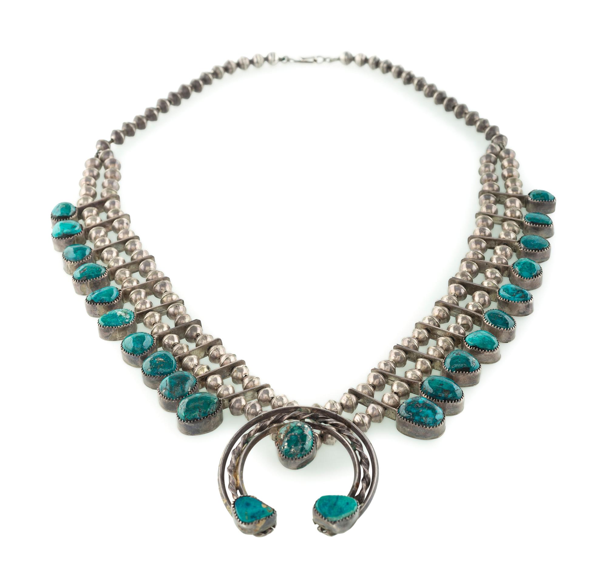 Navajo Silver and Turquoise Squash Blossom Necklace