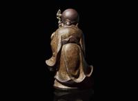 An unusual Chinese porcelain faux bronze "Shoulao" figural censer, attributed to You Changzi 瓷仿銅壽老香爐 游長子署名