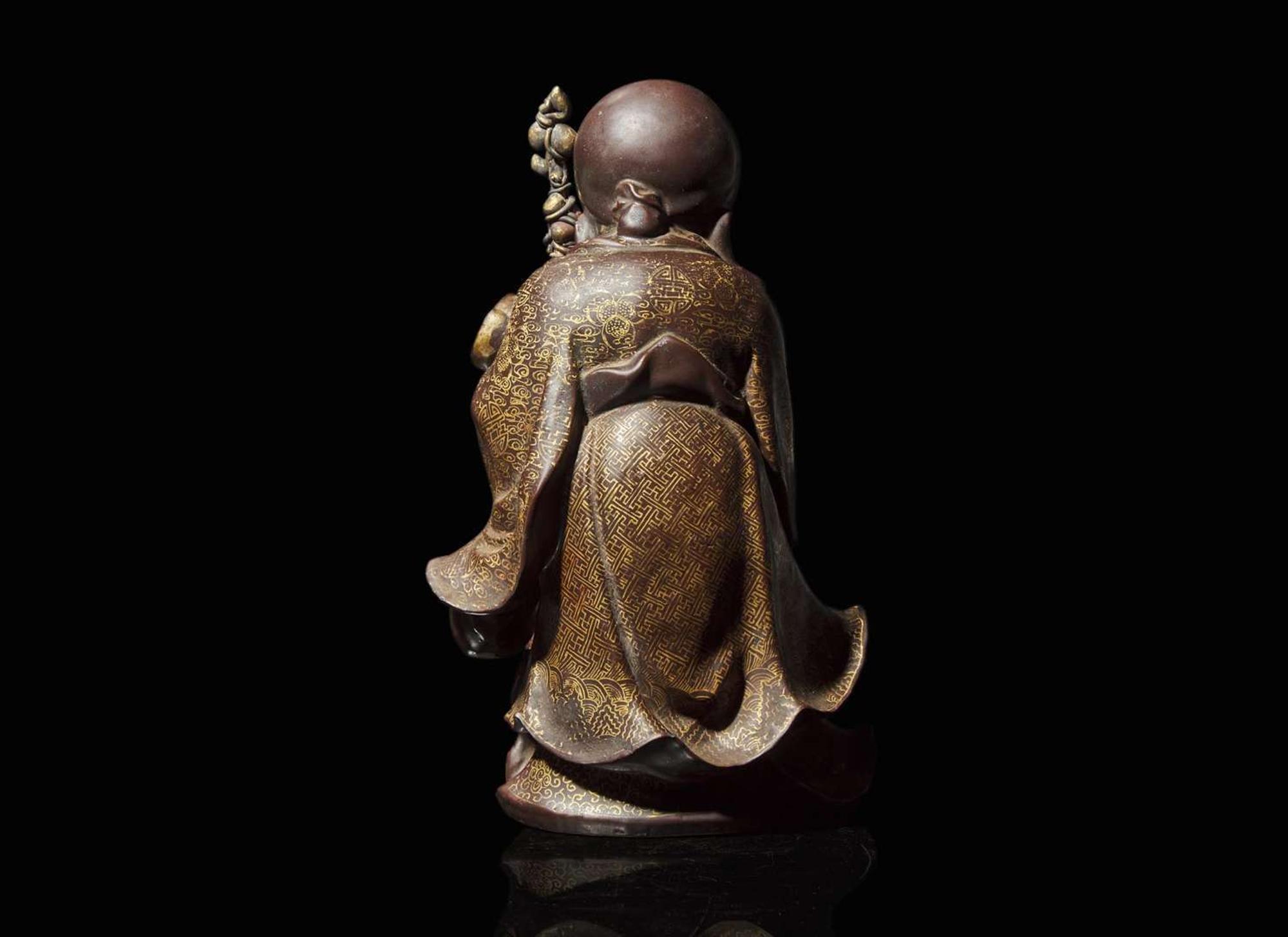 An unusual Chinese porcelain faux bronze "Shoulao" figural censer, attributed to You Changzi 瓷仿銅壽老香爐 游長子署名