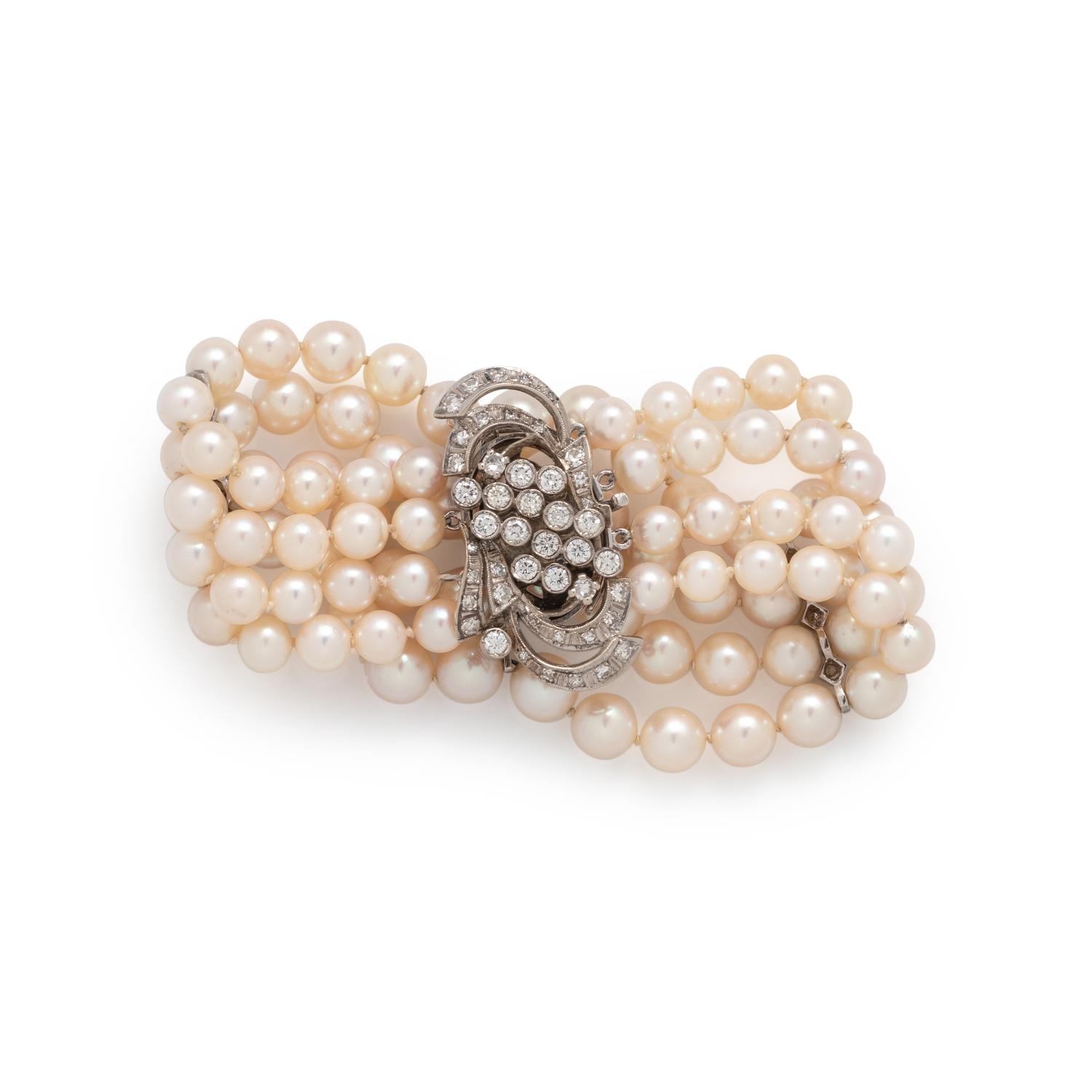 CULTURED PEARL AND DIAMOND BRACELET