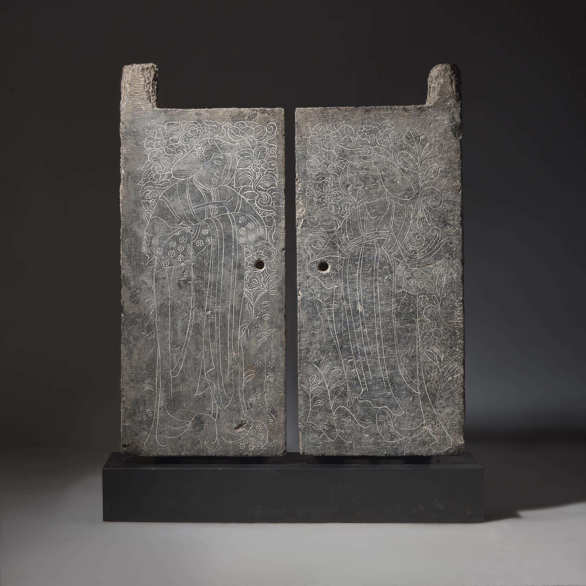 A Pair of Large Chinese Engraved 'Ladies' Tombs Doors, Mid Tang Dynasty — 盛唐 綫刻仕女圖青石墓門一對