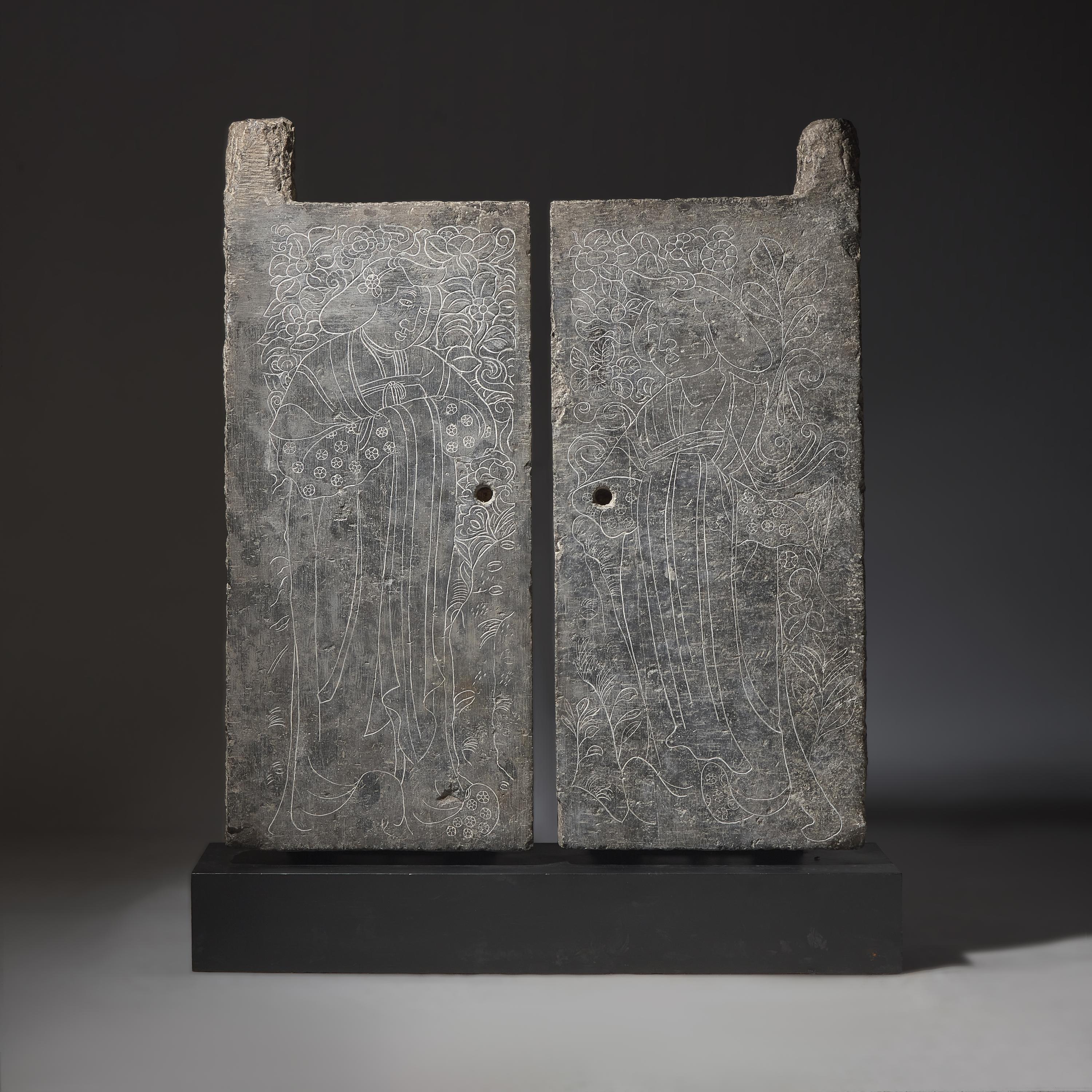 A Pair of Large Chinese Engraved 'Ladies' Tombs Doors, Mid Tang Dynasty — 盛唐 綫刻仕女圖青石墓門一對