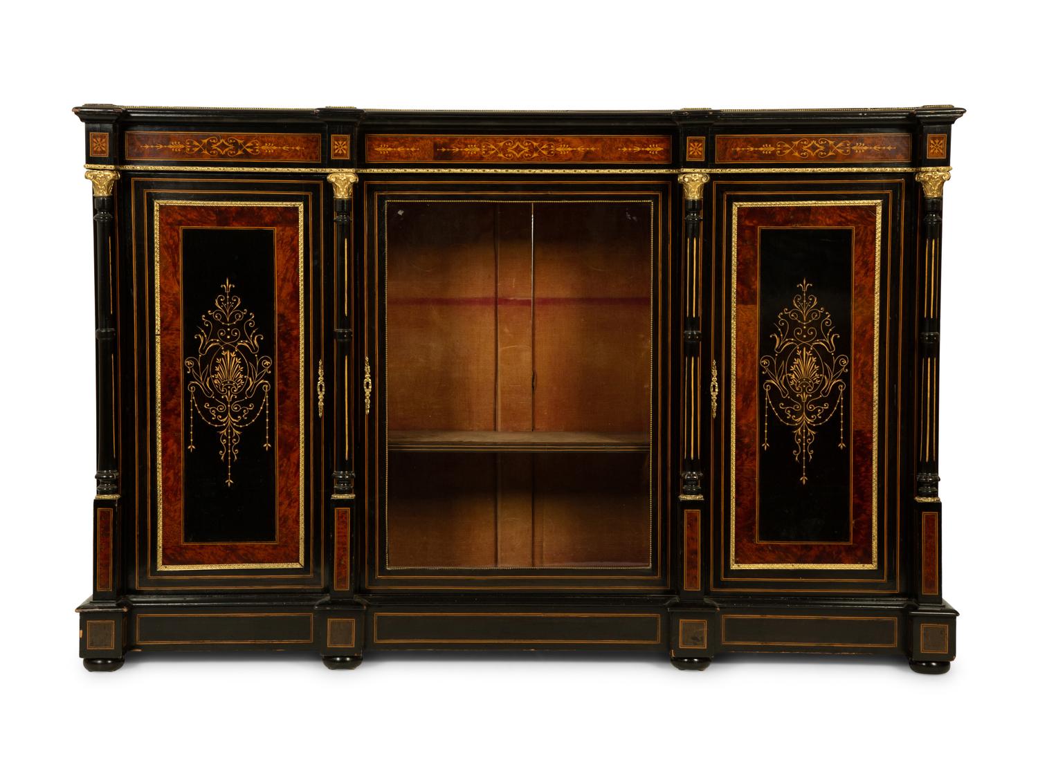A Napoleon III Gilt Bronze Mounted Marquetry, Burlwood and Ebonized Wood Breakfront Cabinet — CIRCA 1870