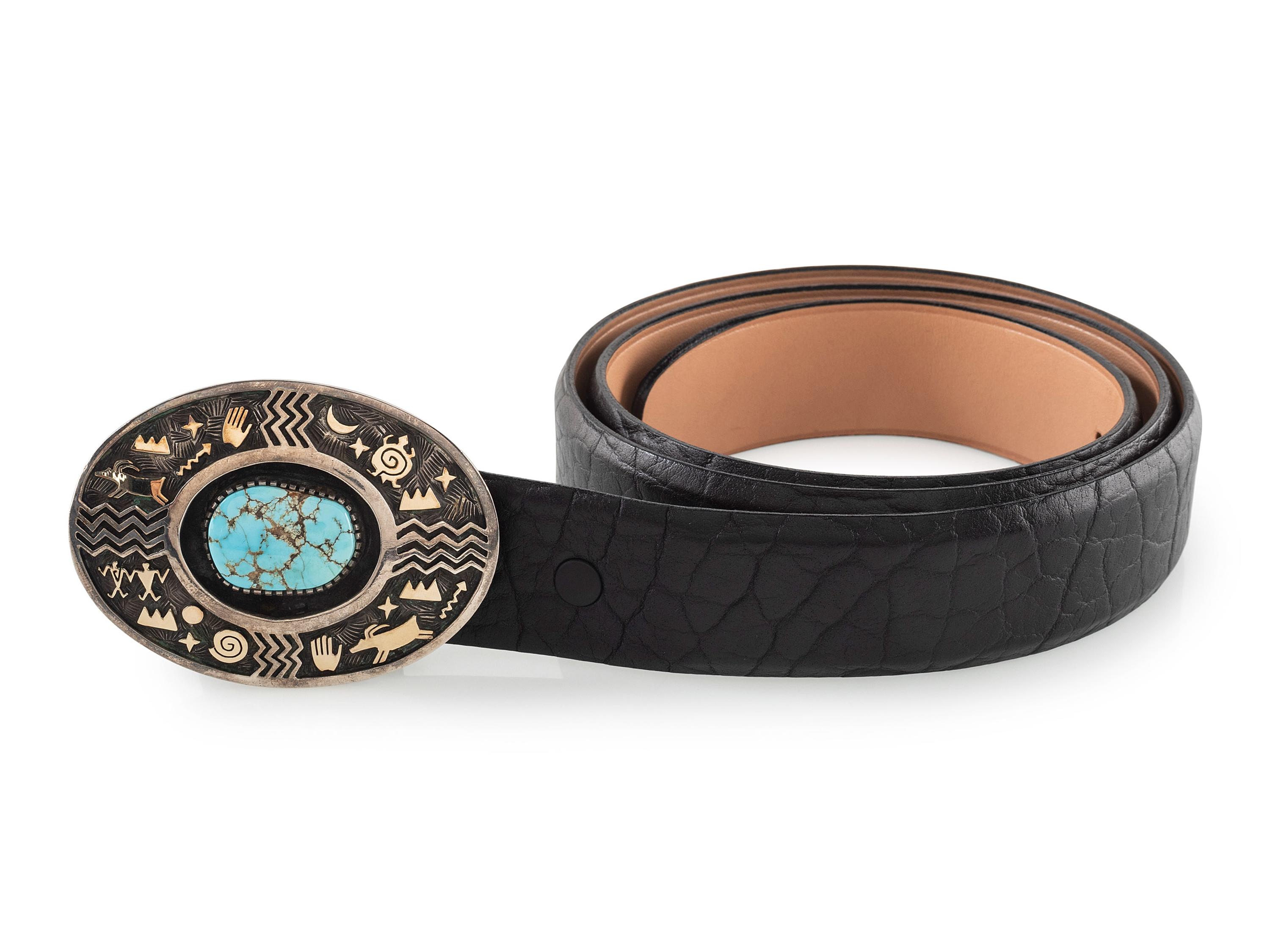 Sterling Silver Pictograph Belt Buckle, with 14K Gold Accents and Turquoise Cabochon