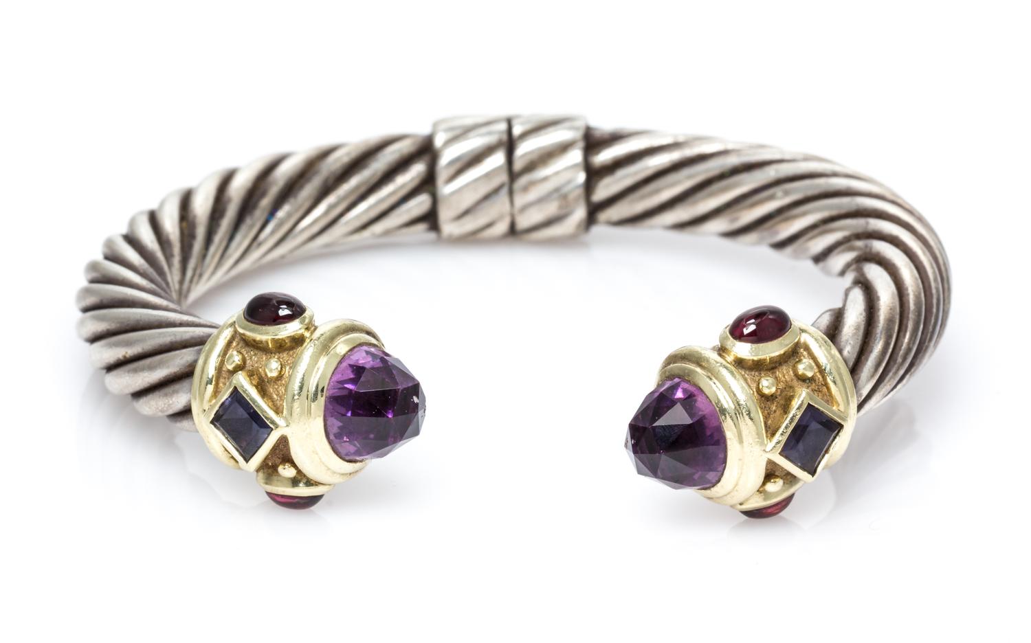 A Sterling Silver, 14 Karat Yellow Gold, Amethyst, Iolite and Garnet 'Renaissance' Bracelet, David Yurman, 34.10 dwts.