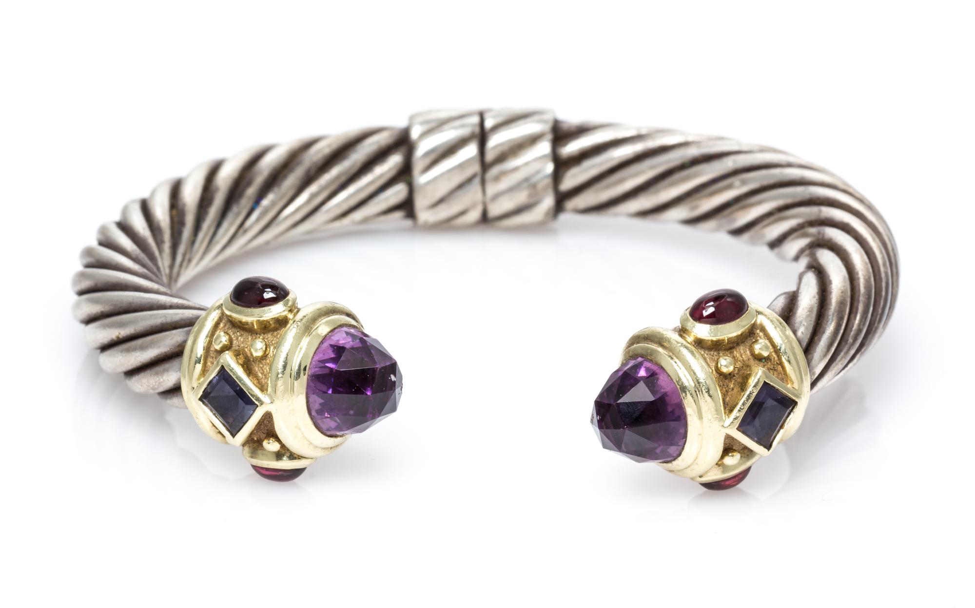 A Sterling Silver, 14 Karat Yellow Gold, Amethyst, Iolite and Garnet 'Renaissance' Bracelet, David Yurman, 34.10 dwts.