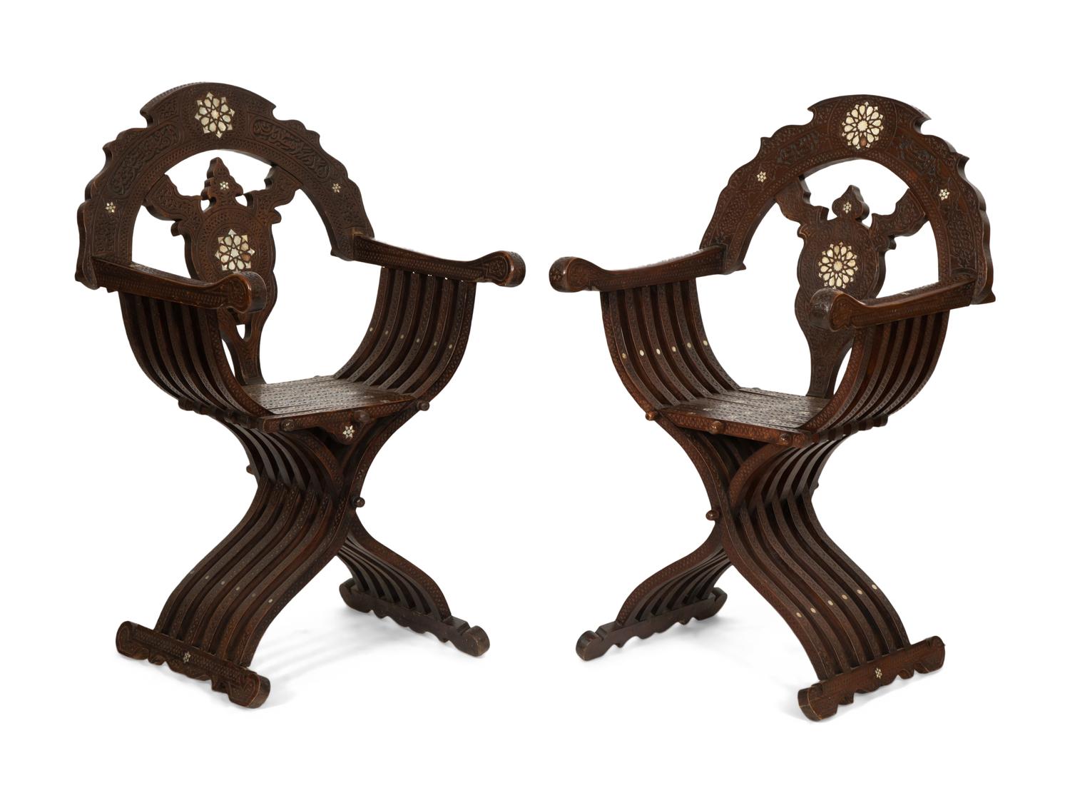 A Pair of Syrian Walnut Folding Armchairs