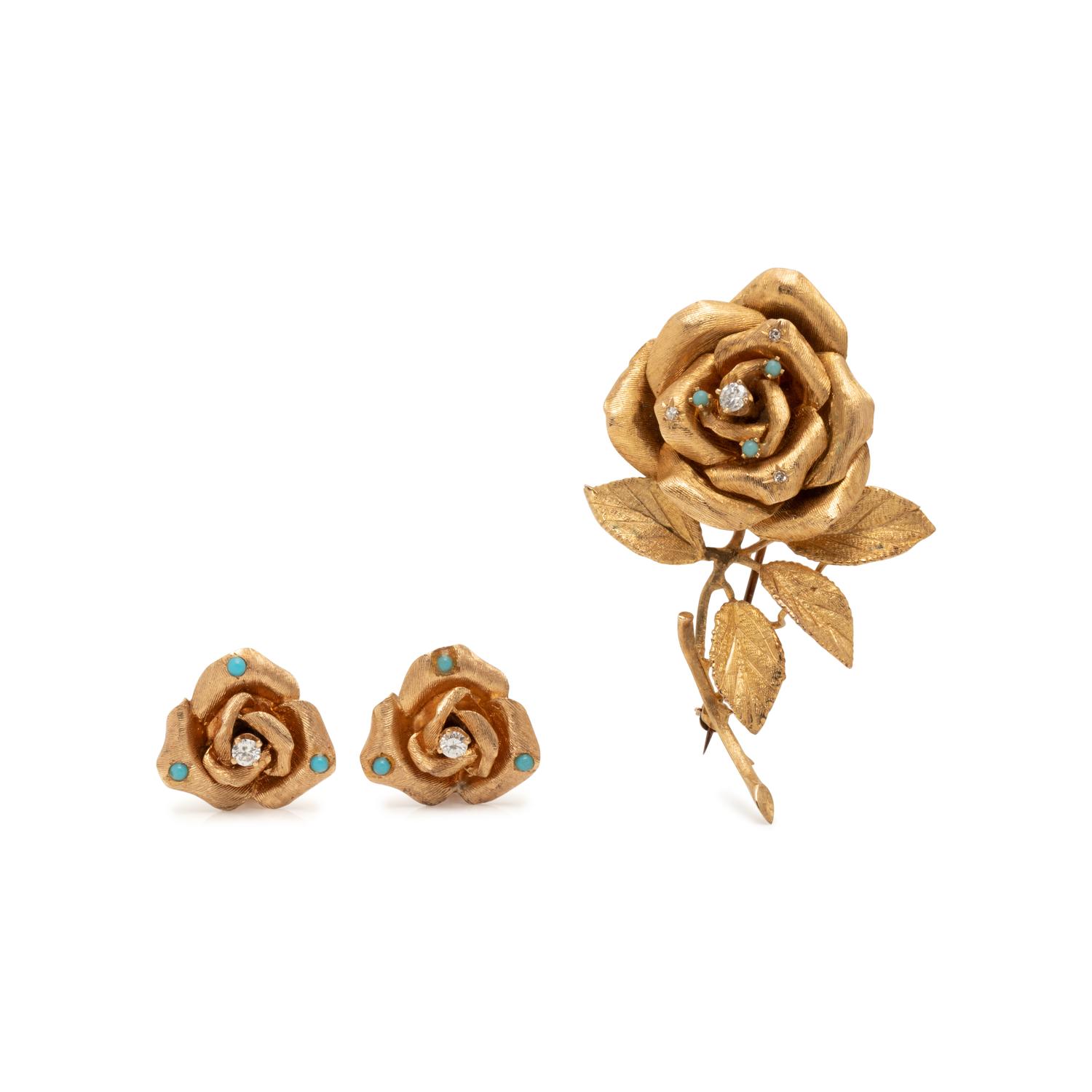 YELLOW GOLD, DIAMOND AND TURQUOISE ROSE SET