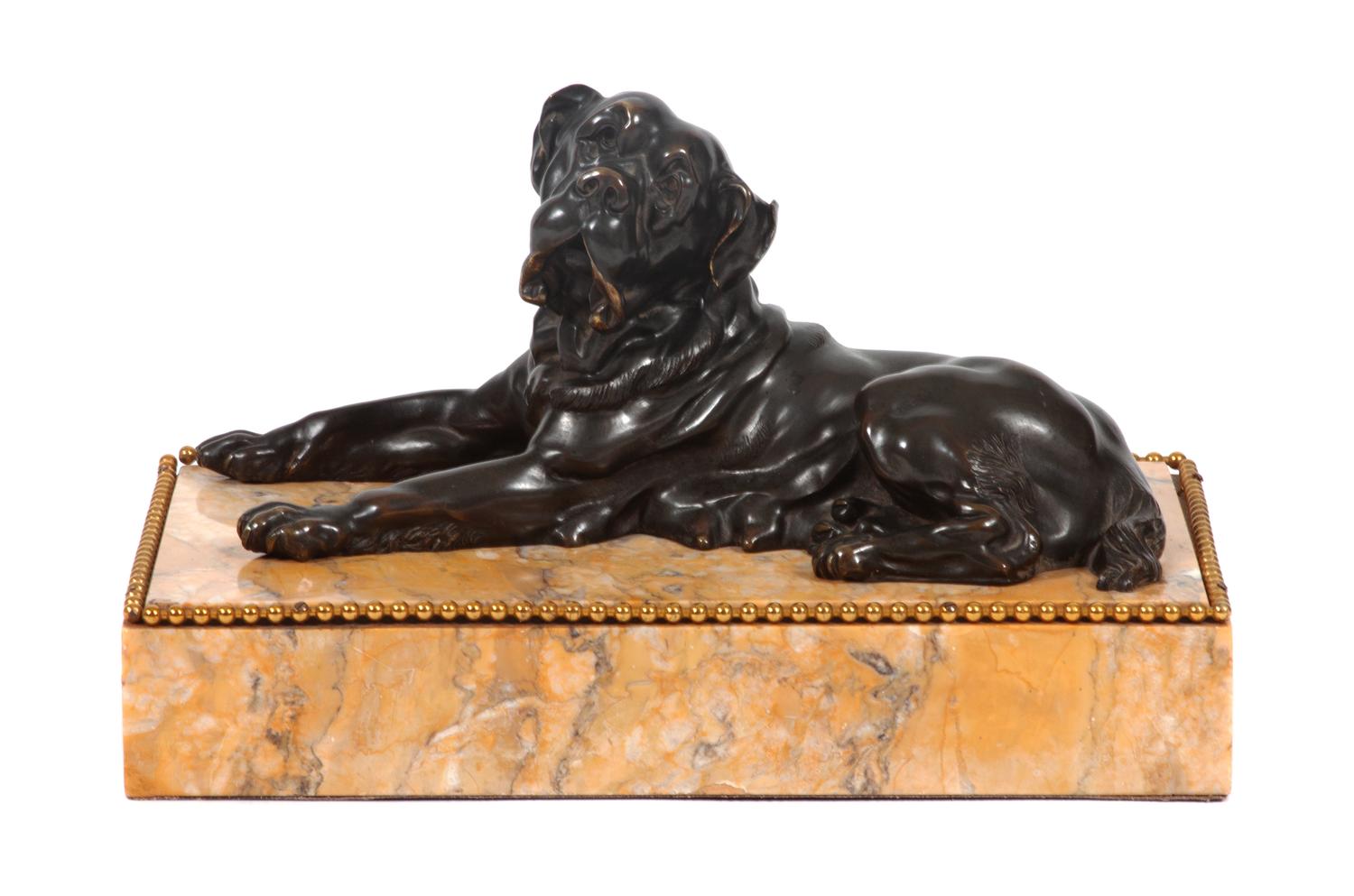 A Bronze Mastiff Sculpture Height 8 x width 13 3/4 x depth 8 inches.