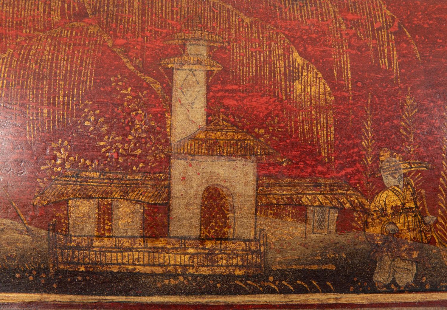 A Regency Style Red Tole Covered Box with Black and Gilt Chinoiserie Decoration and a Similar Bucket