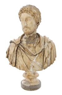 An Italian Carved Marble Bust, after the Antique, Height overall 30 3/4 inches.