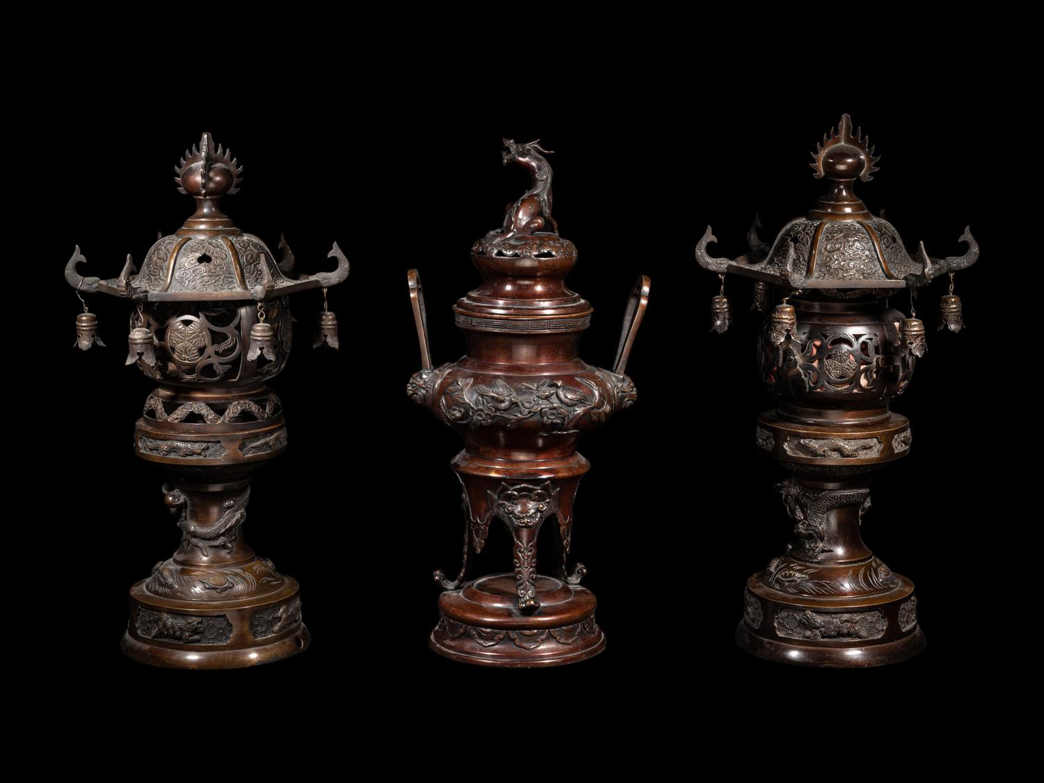 Two Japanese Pagoda-Form Bronze Lanterns and A Bronze Incense Burner