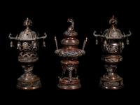 Two Japanese Pagoda-Form Bronze Lanterns and A Bronze Incense Burner