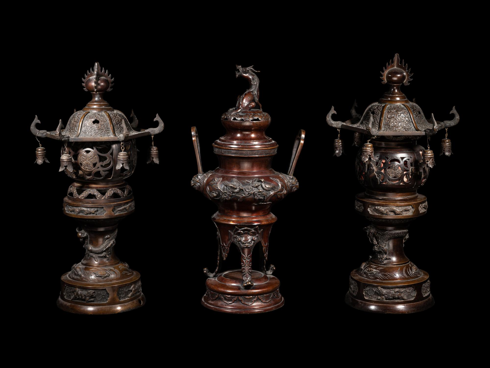 Two Japanese Pagoda-Form Bronze Lanterns and A Bronze Incense Burner