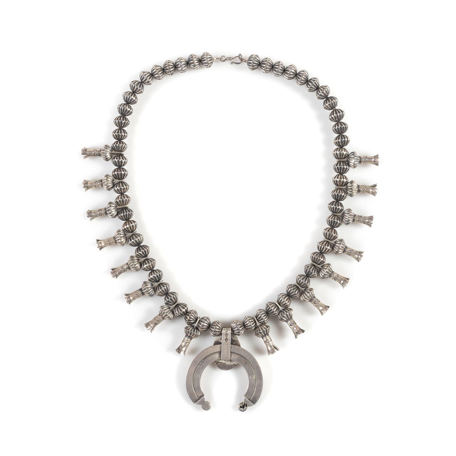 Navajo Sterling Silver and Turquoise Squash Blossom Necklace, with Fluted Beads