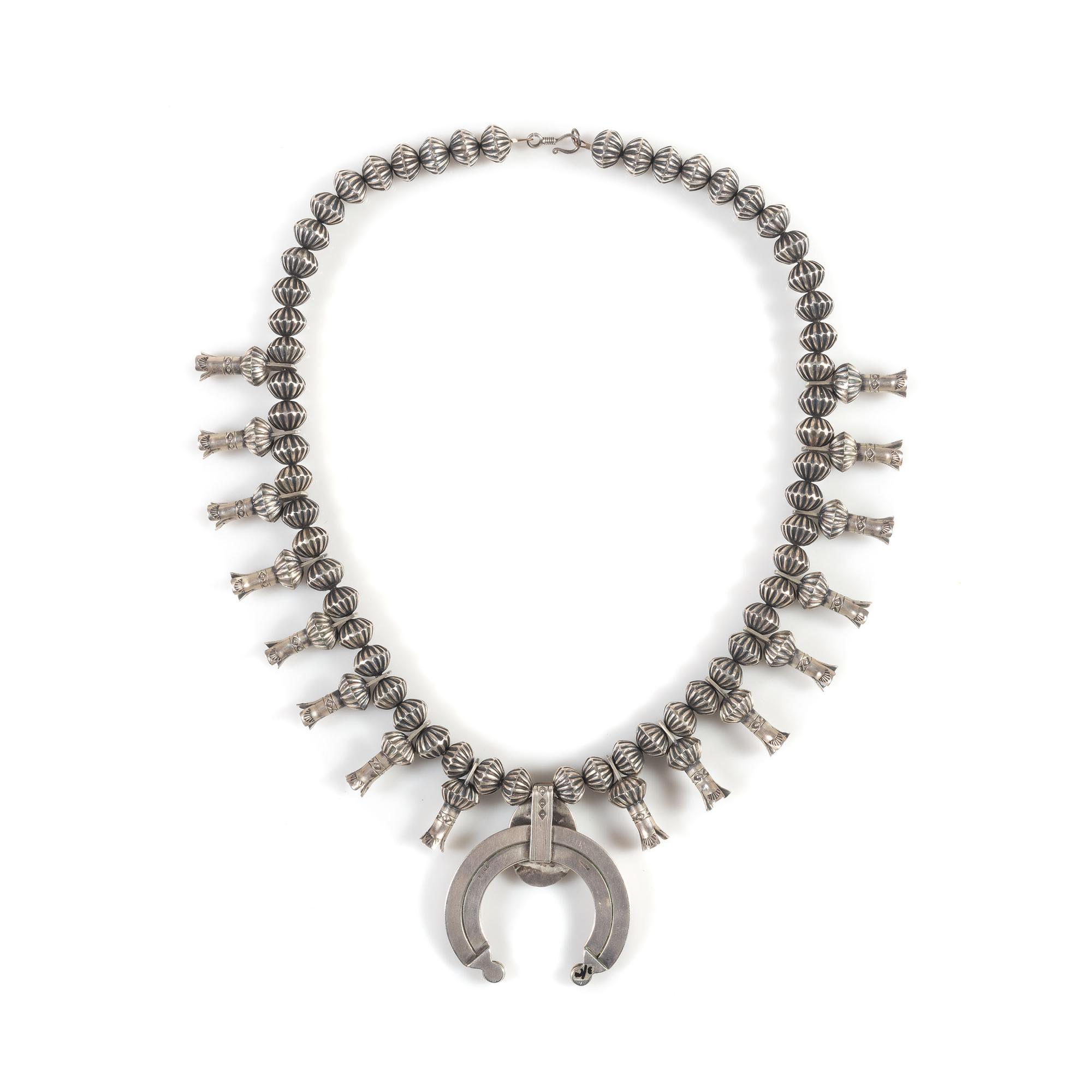 Navajo Sterling Silver and Turquoise Squash Blossom Necklace, with Fluted Beads