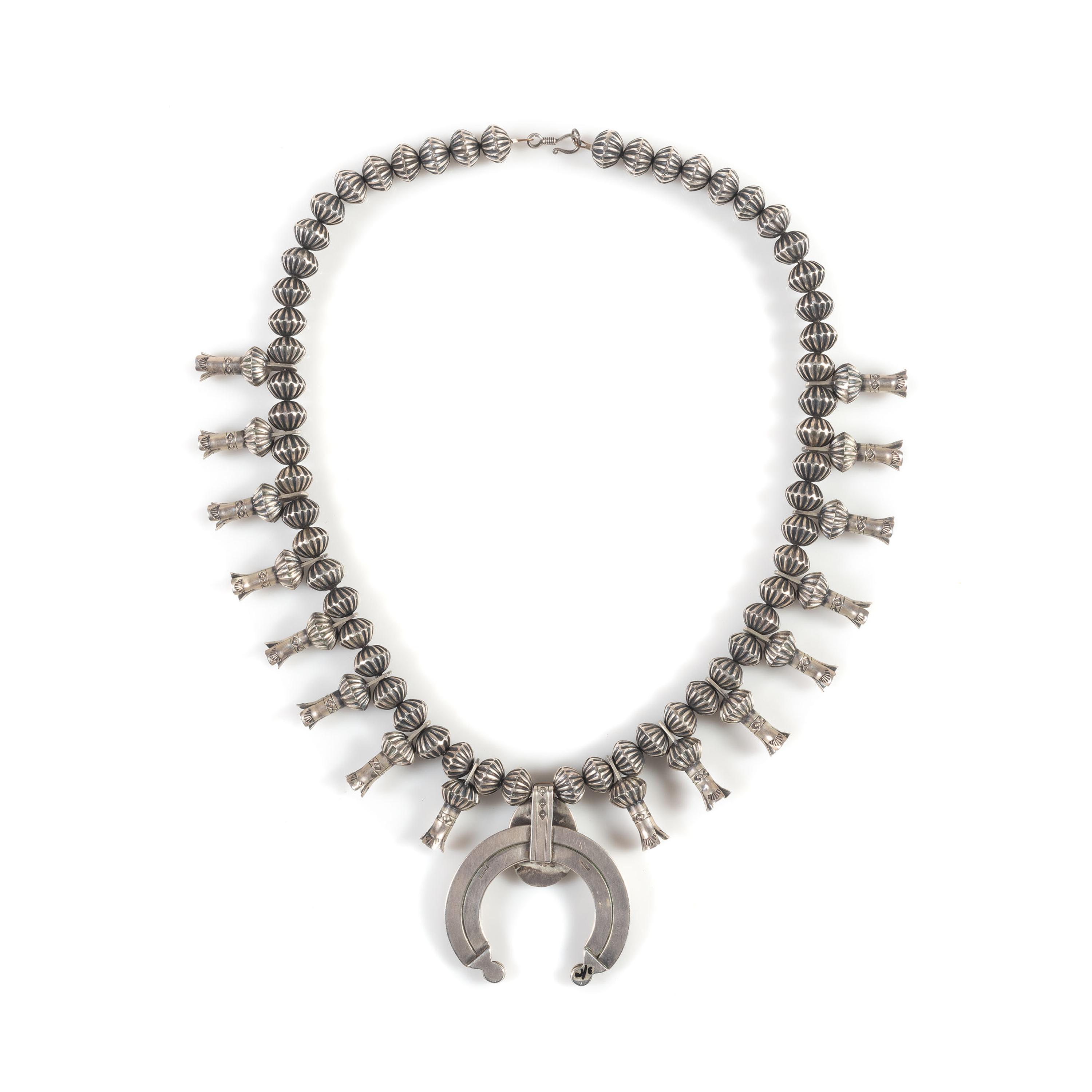 Navajo Sterling Silver and Turquoise Squash Blossom Necklace, with Fluted Beads