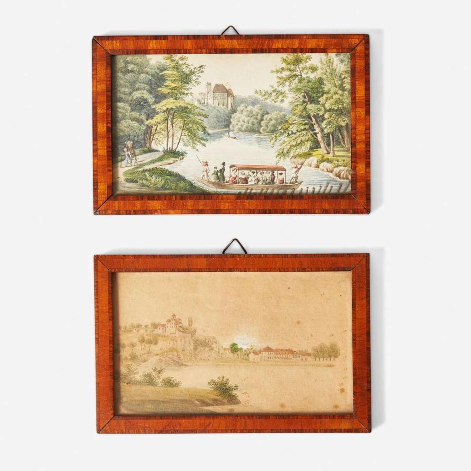German School 19th century Two Miniature Works: Riverfront Views, one with Boating Scene, dated "1834"