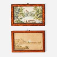 German School 19th century Two Miniature Works: Riverfront Views, one with Boating Scene, dated "1834"