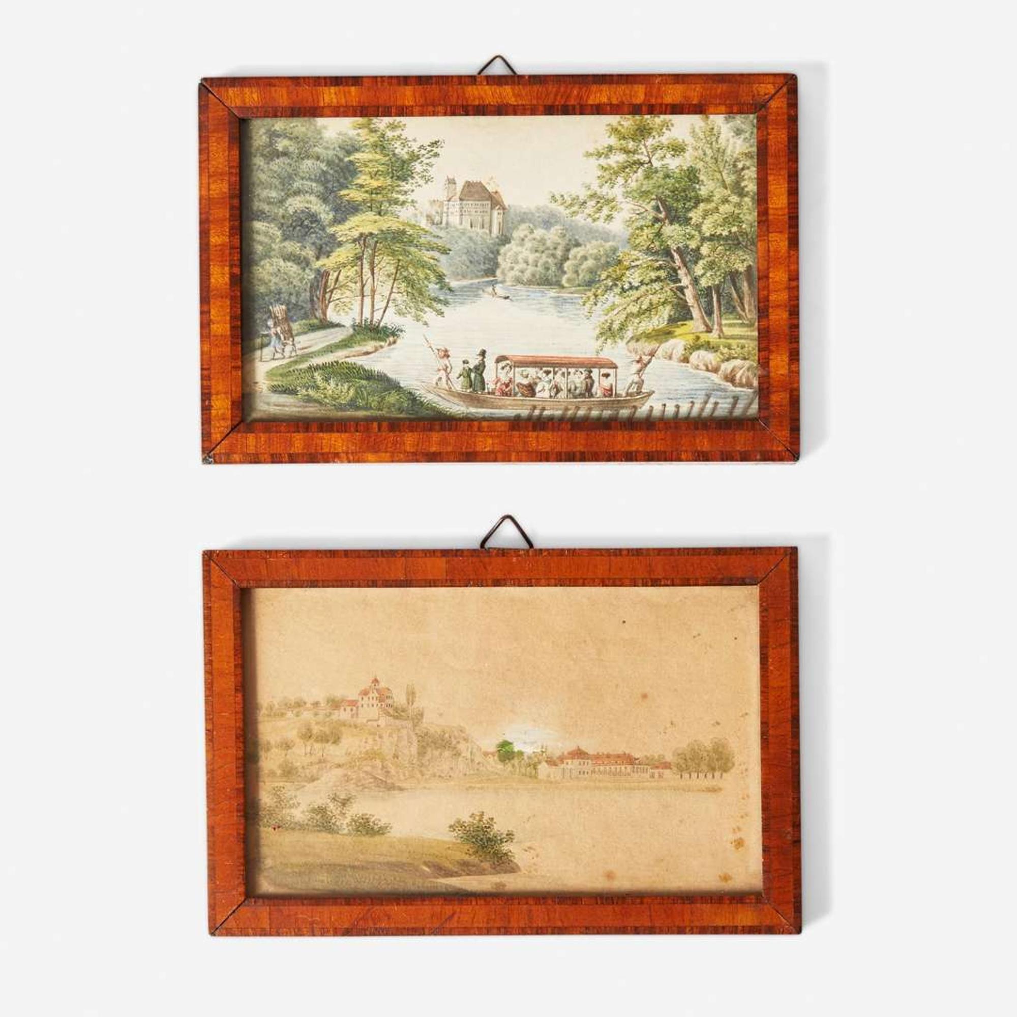 German School 19th century Two Miniature Works: Riverfront Views, one with Boating Scene, dated "1834"