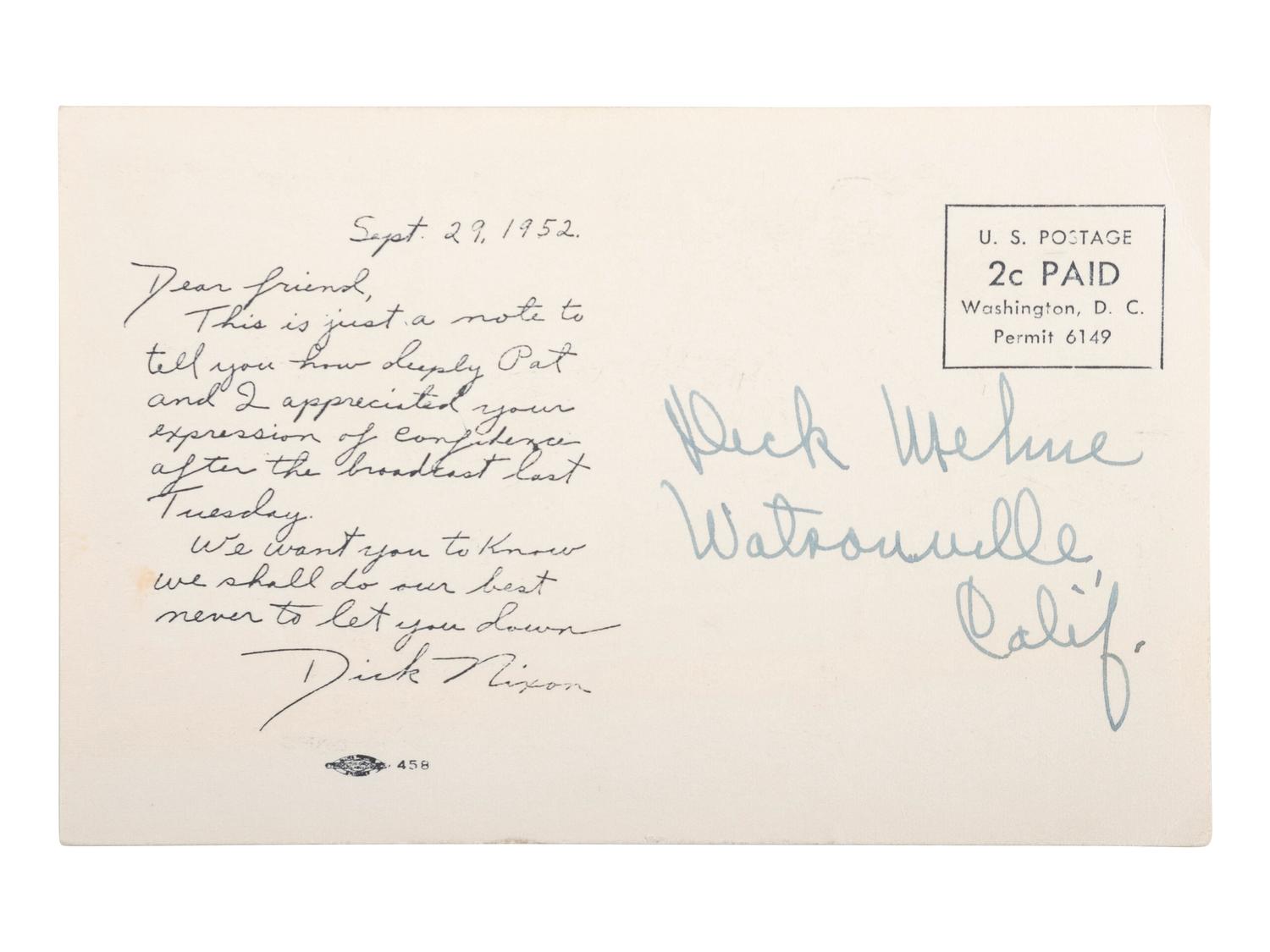 [THE CHECKERS SPEECH]. NIXON, Richard M. Address of Senator Richard M. Nixon. Los Angeles, CA: 23 September 1952.