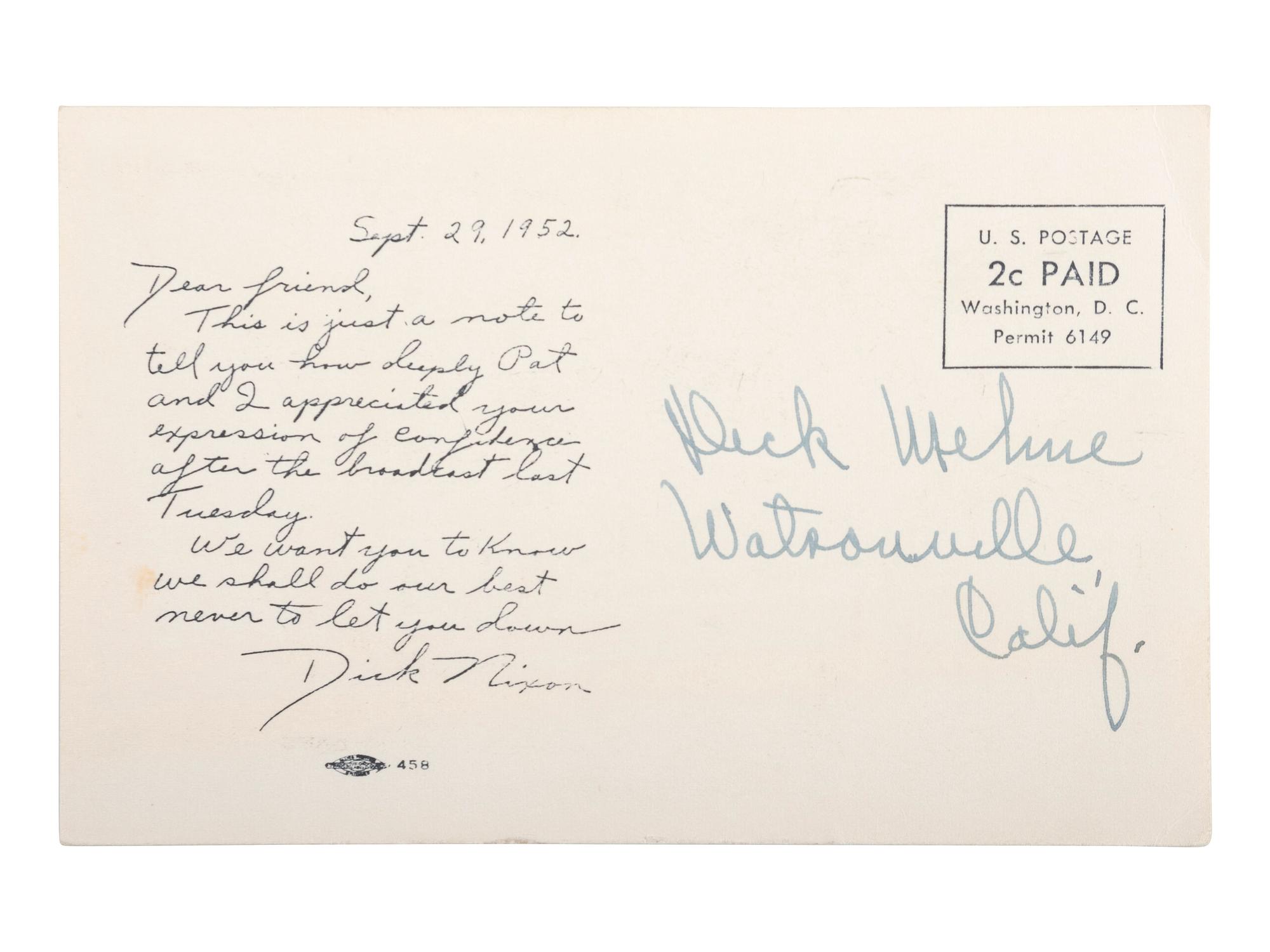 [THE CHECKERS SPEECH]. NIXON, Richard M. Address of Senator Richard M. Nixon. Los Angeles, CA: 23 September 1952.