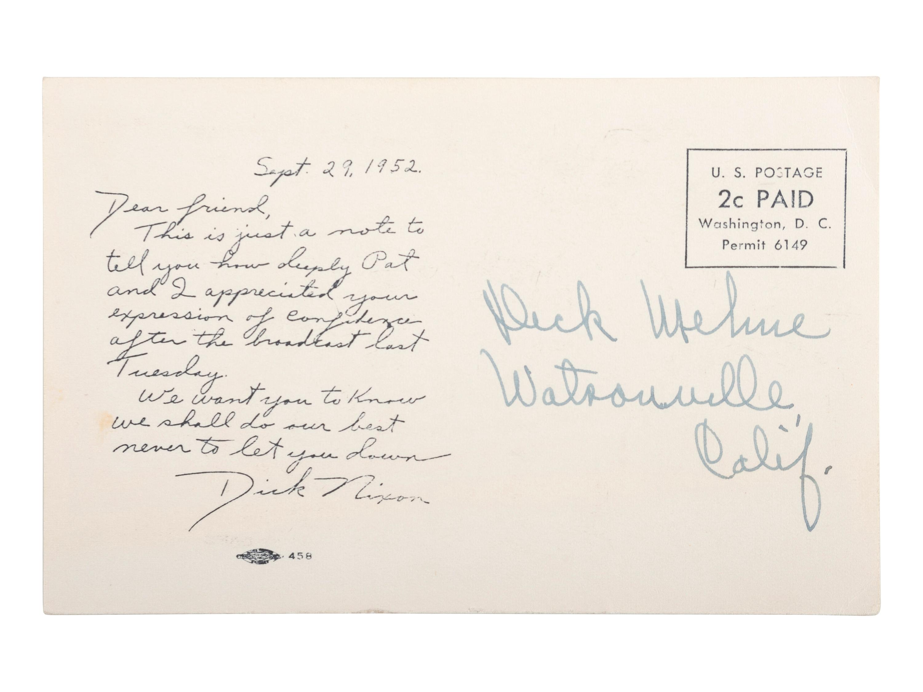 [THE CHECKERS SPEECH]. NIXON, Richard M. Address of Senator Richard M. Nixon. Los Angeles, CA: 23 September 1952.
