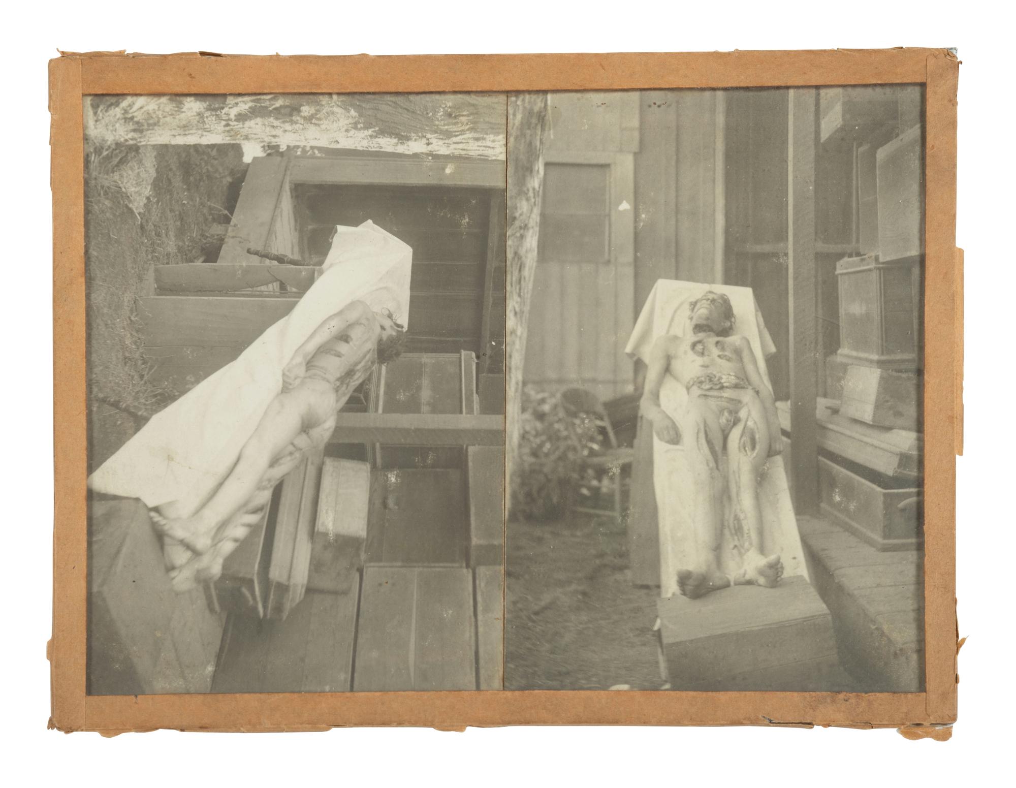 [INDIAN WARS]. 2 photographs of a cadaver, possibly a victim of a Native American attack.