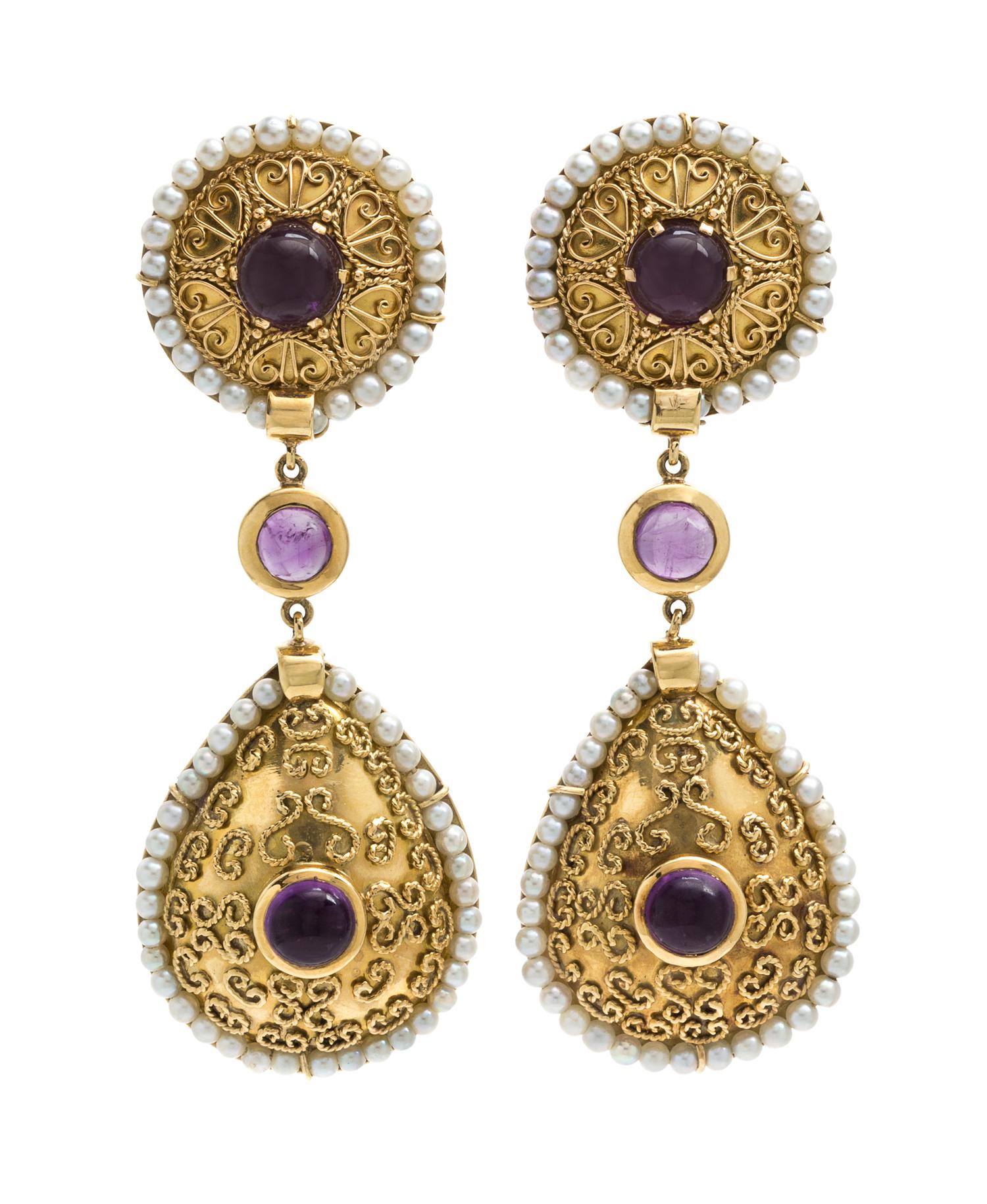 A Pair of 18 Karat Yellow Gold, Amethyst and Cultured Pearl Earclips, Zolotas, 26.60 dwts.