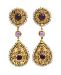 A Pair of 18 Karat Yellow Gold, Amethyst and Cultured Pearl Earclips, Zolotas, 26.60 dwts.