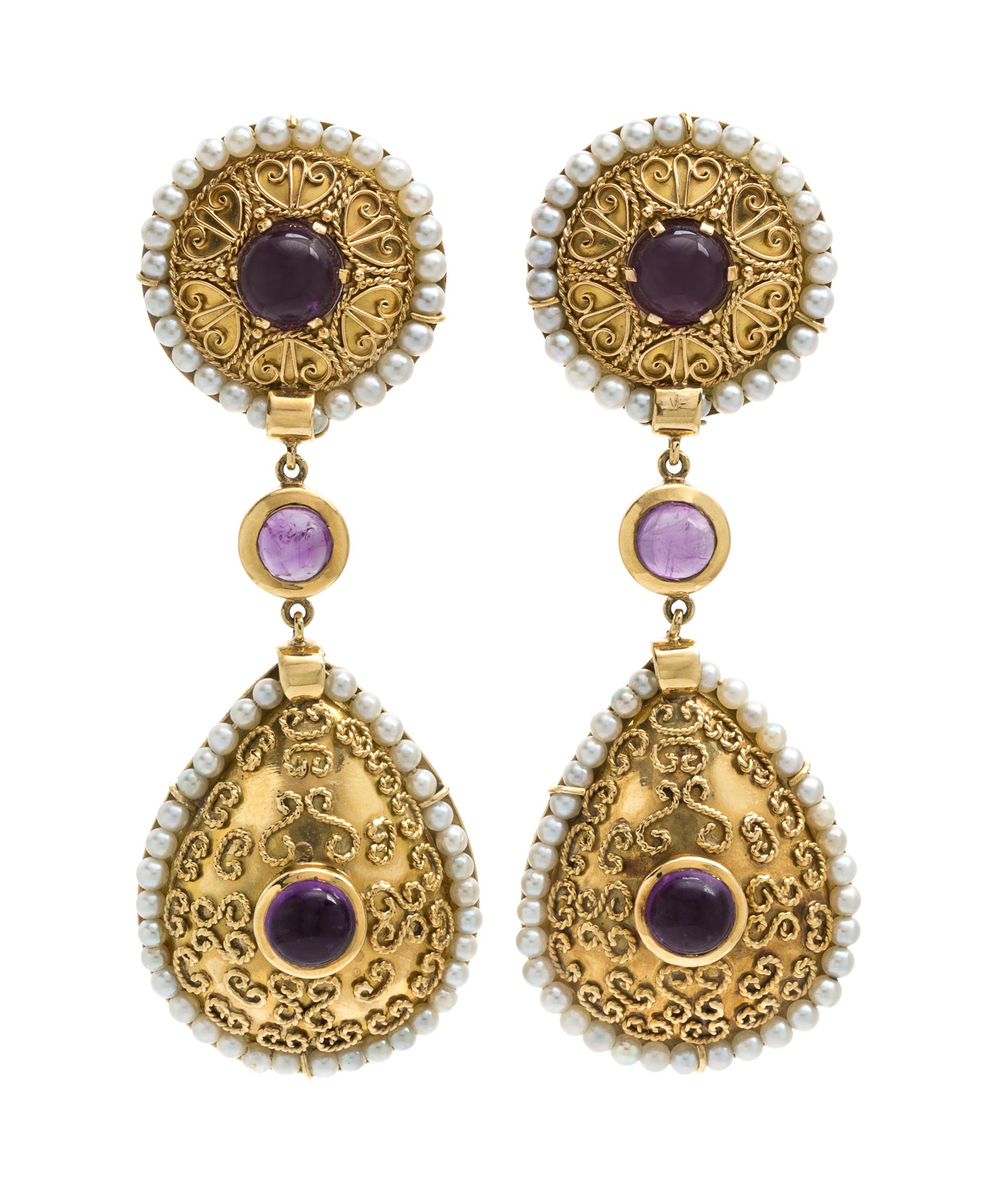 A Pair of 18 Karat Yellow Gold, Amethyst and Cultured Pearl Earclips, Zolotas, 26.60 dwts.