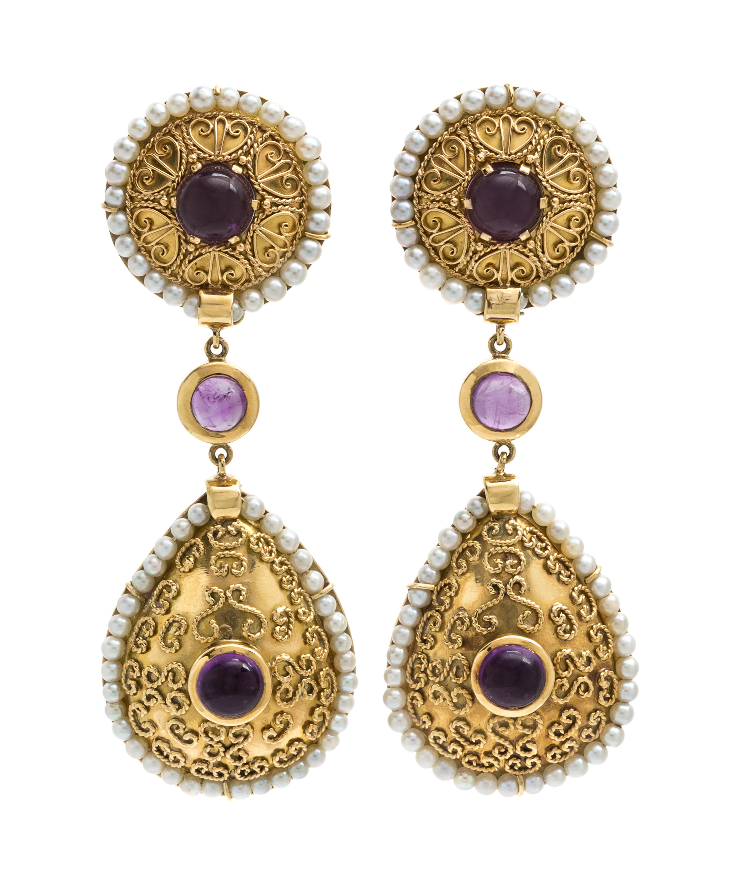 A Pair of 18 Karat Yellow Gold, Amethyst and Cultured Pearl Earclips, Zolotas, 26.60 dwts.