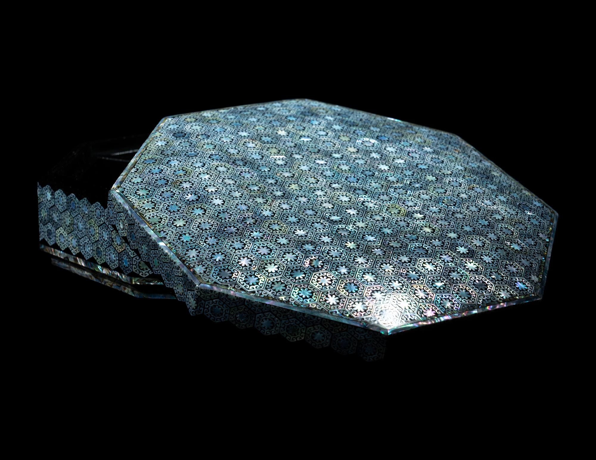 A Korean Mother-of-Pearl Inlaid Black Octagonal Lacquered Box and Cover