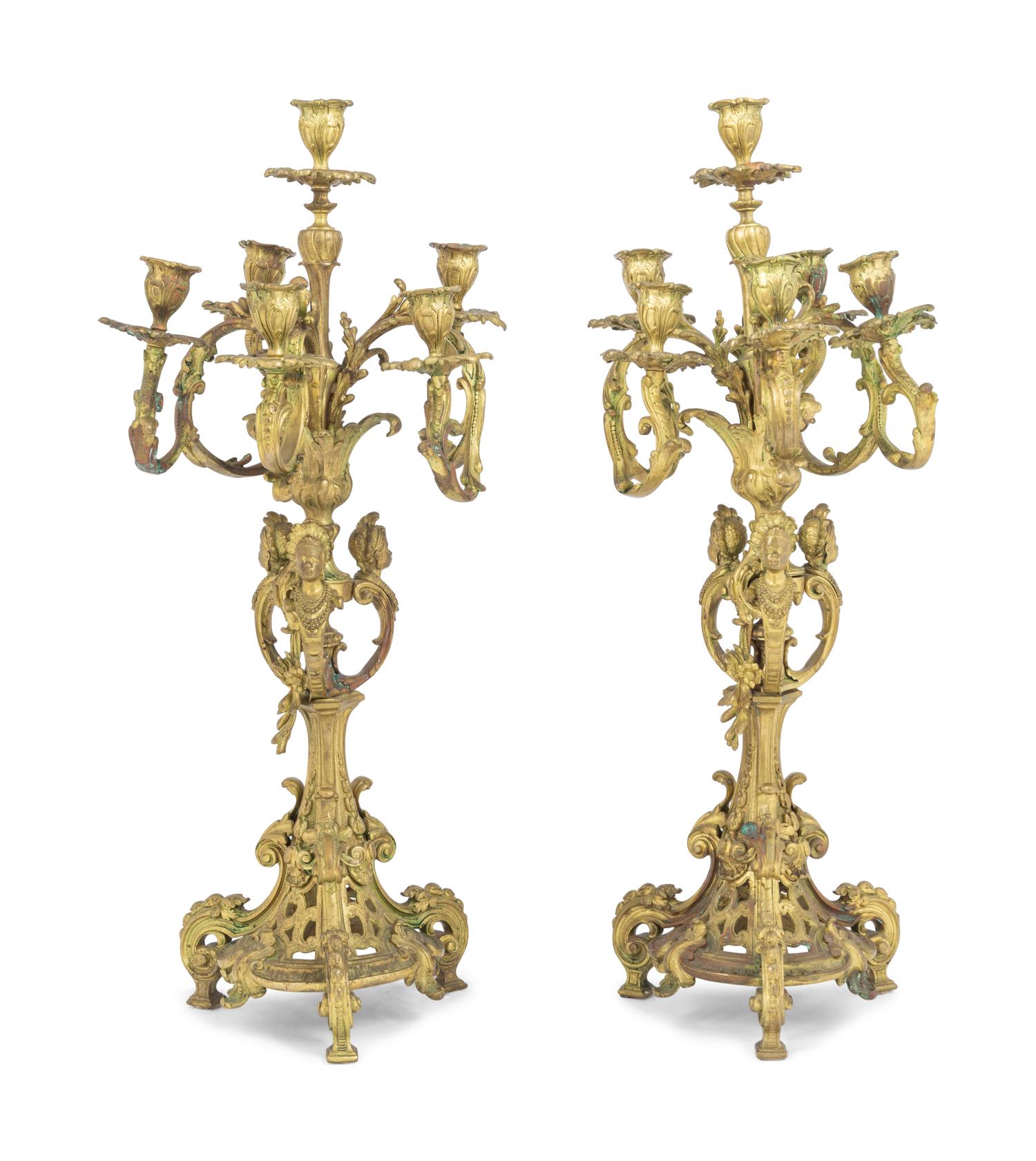 A Pair of Napoleon III Gilt Bronze Six-Light Candelabra