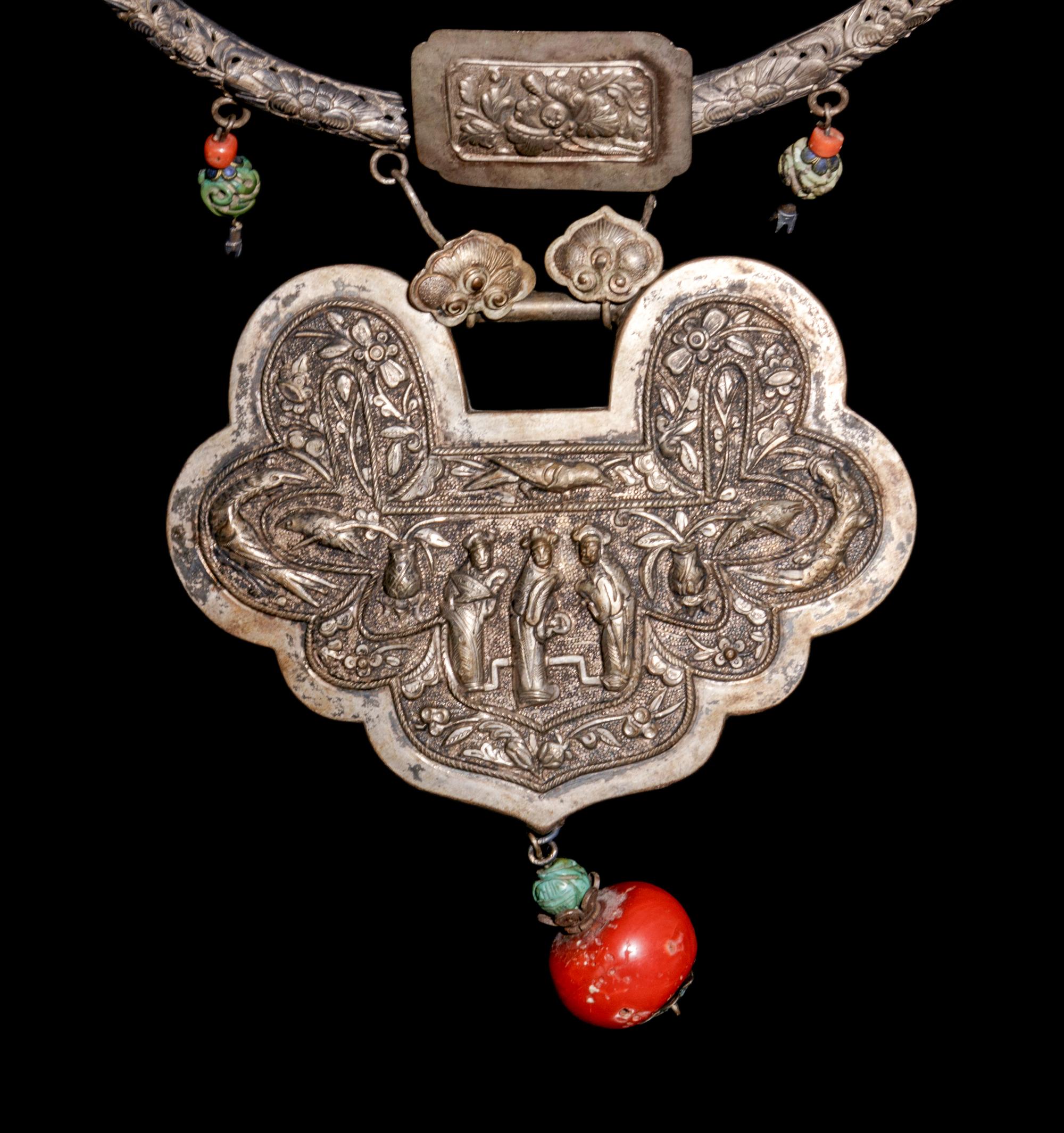 Two Chinese Silver and Coral Necklaces with Ruyi -Lock Form Pendants
