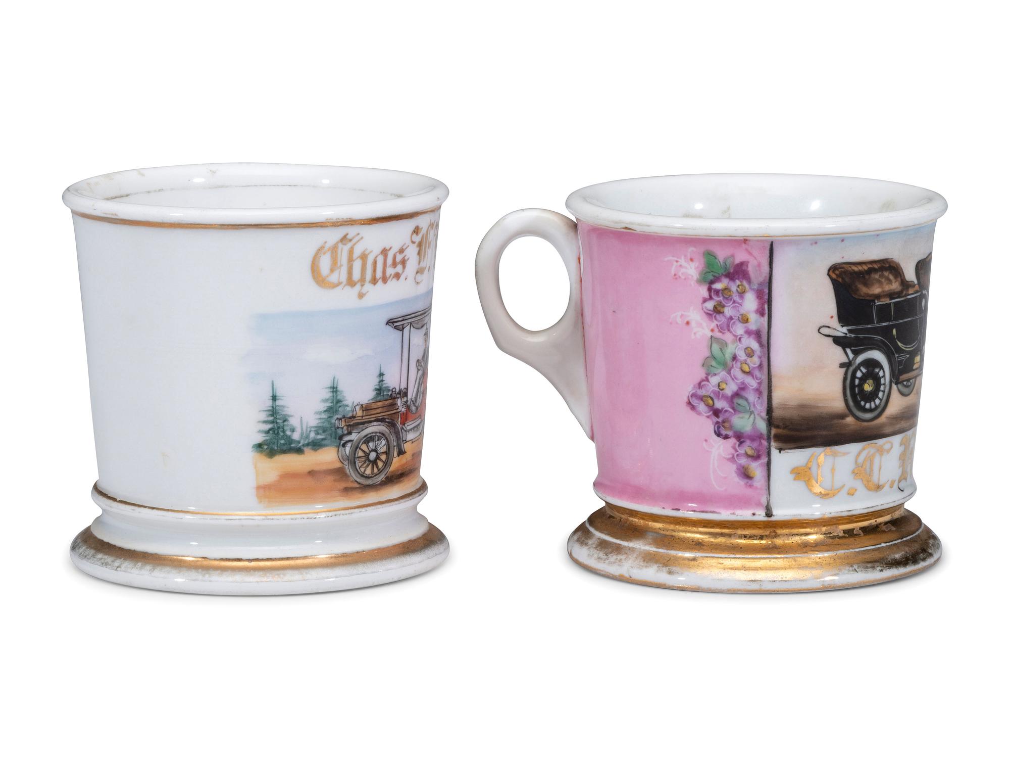 Two Open Touring Car Porcelain Occupational Shaving Mugs