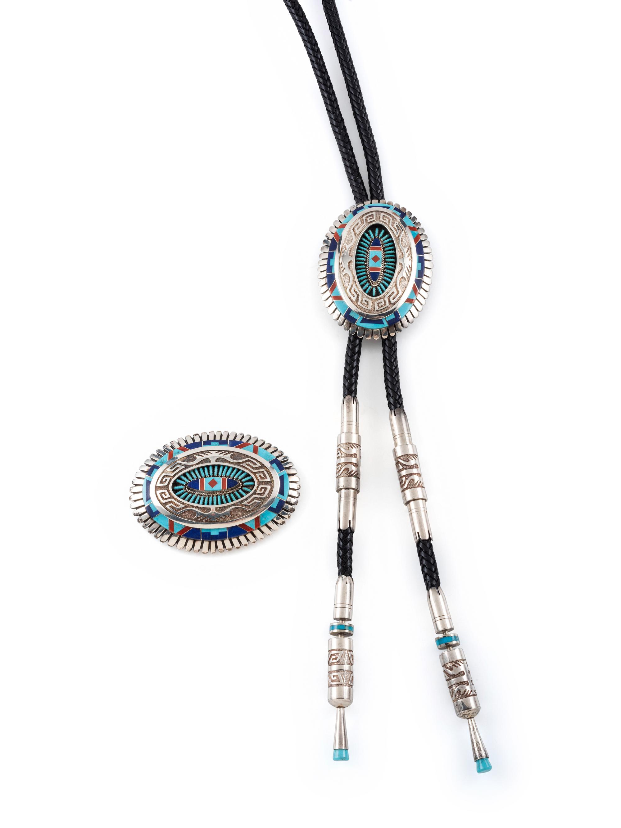 Sterling Silver and Mosaic Inlay Bolo Tie and Belt Buckle