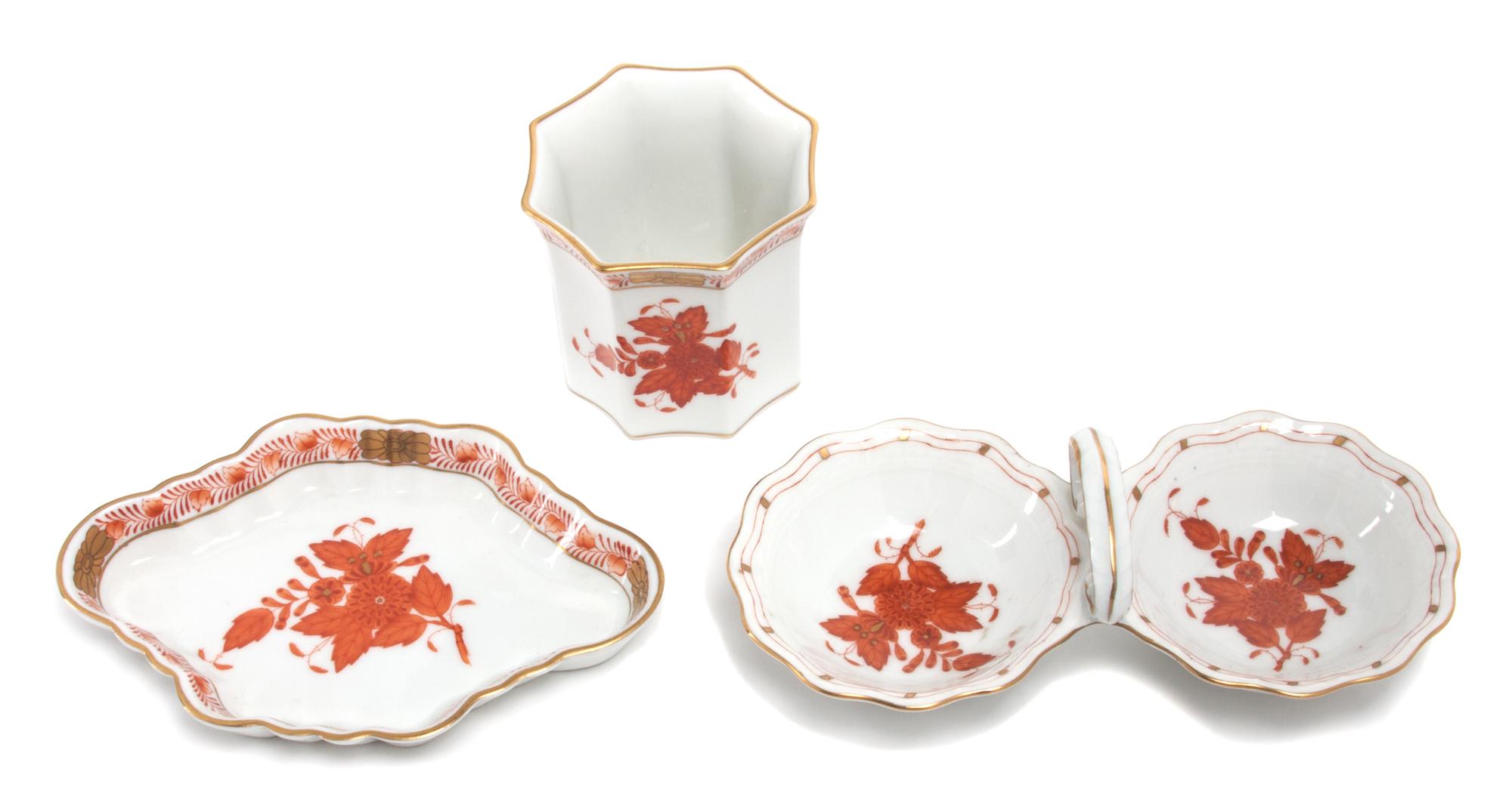 Three Herend Porcelain Table Articles Lenght of the first: 5 7/8 inches.