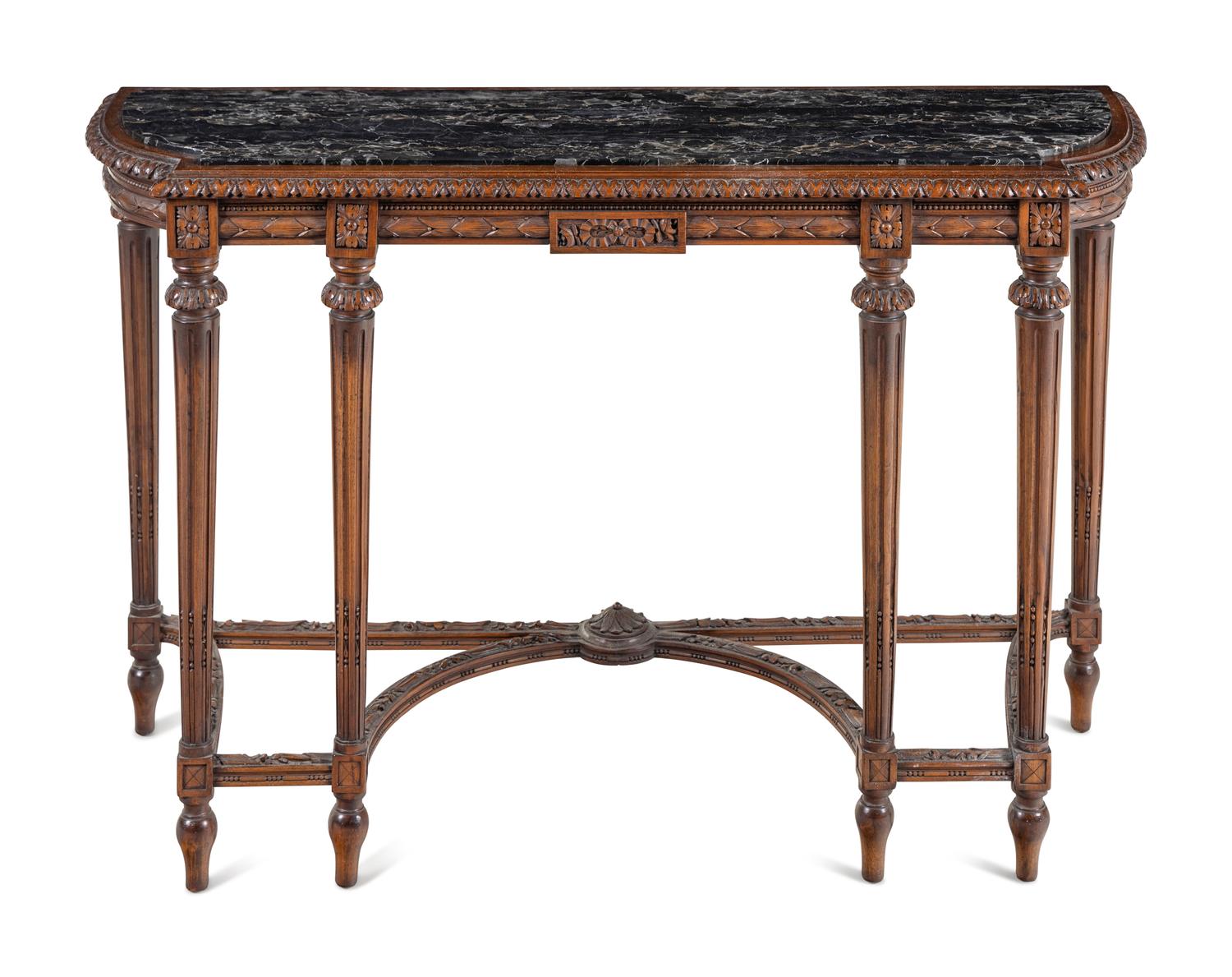 A Louis XVI Style Carved Walnut Marble-Top Console Table