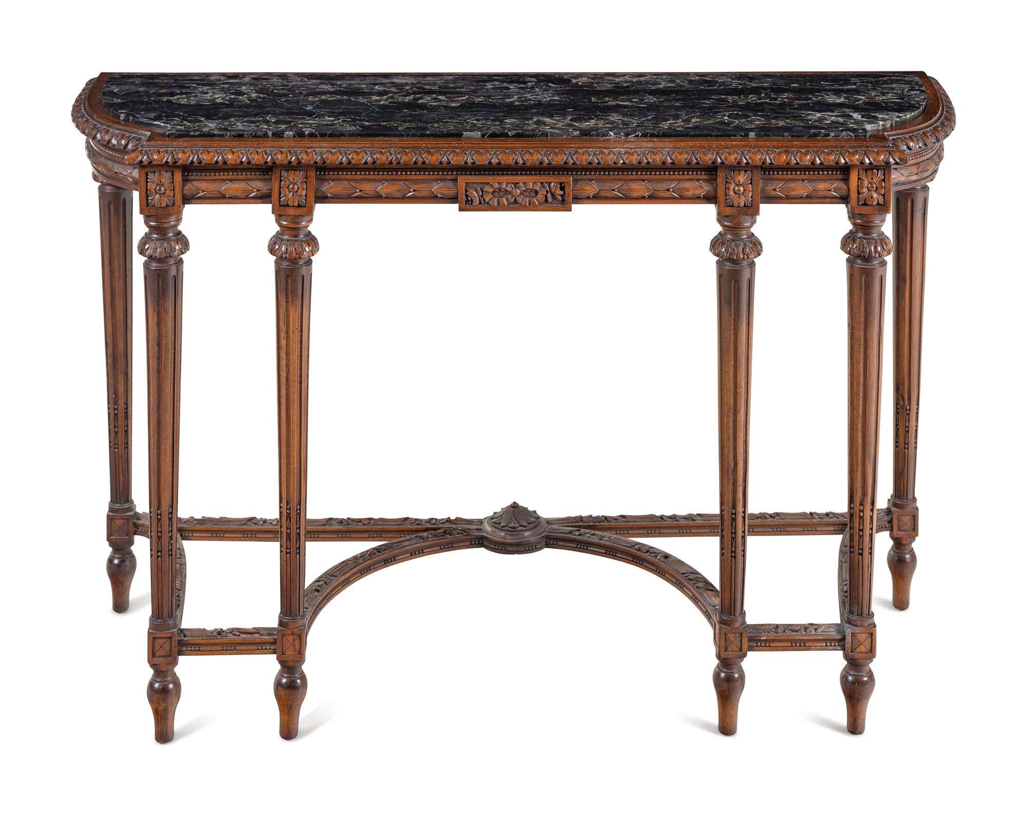 A Louis XVI Style Carved Walnut Marble-Top Console Table