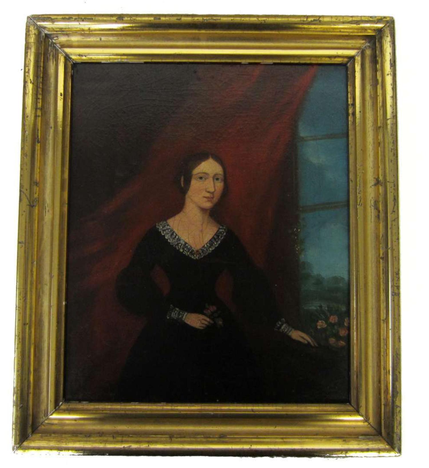 American School 19th century portrait of a young lady holding flowers