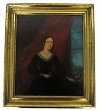 American School 19th century portrait of a young lady holding flowers