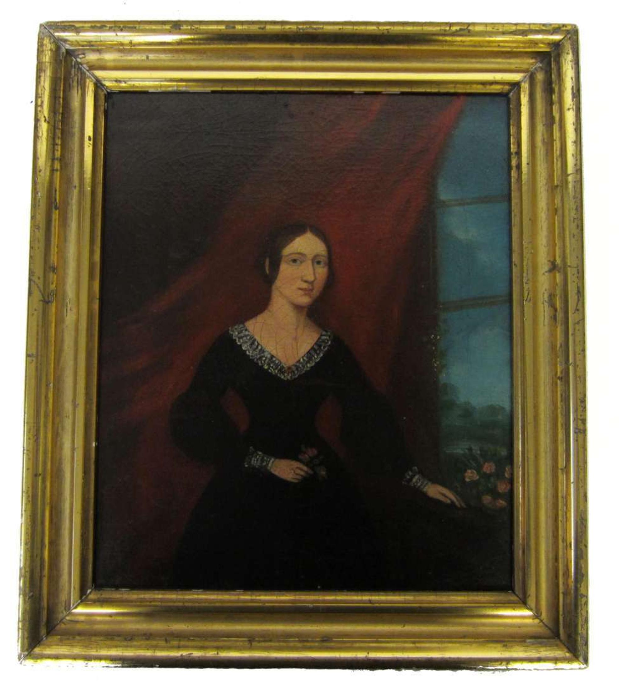 American School 19th century portrait of a young lady holding flowers