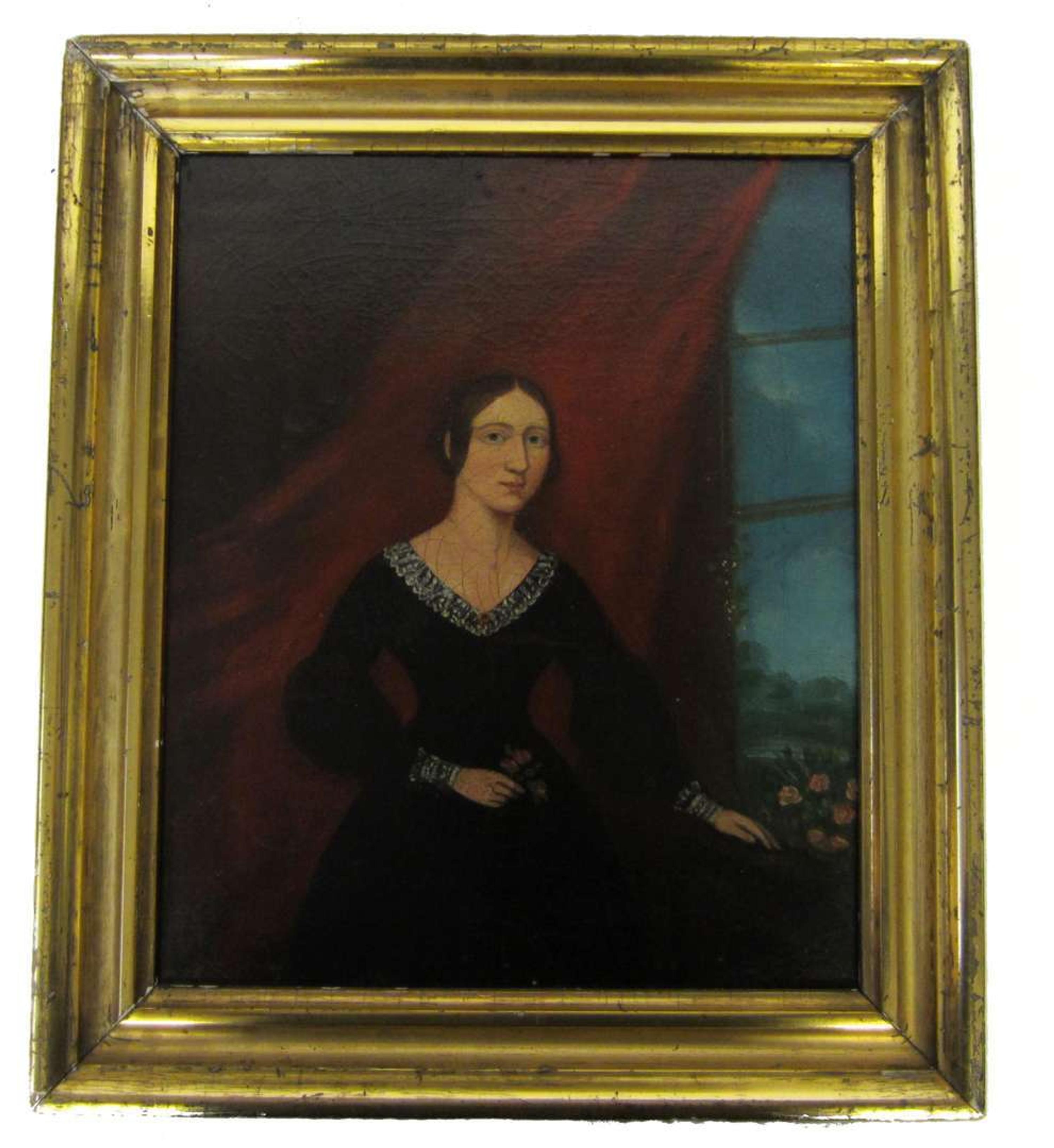 American School 19th century portrait of a young lady holding flowers