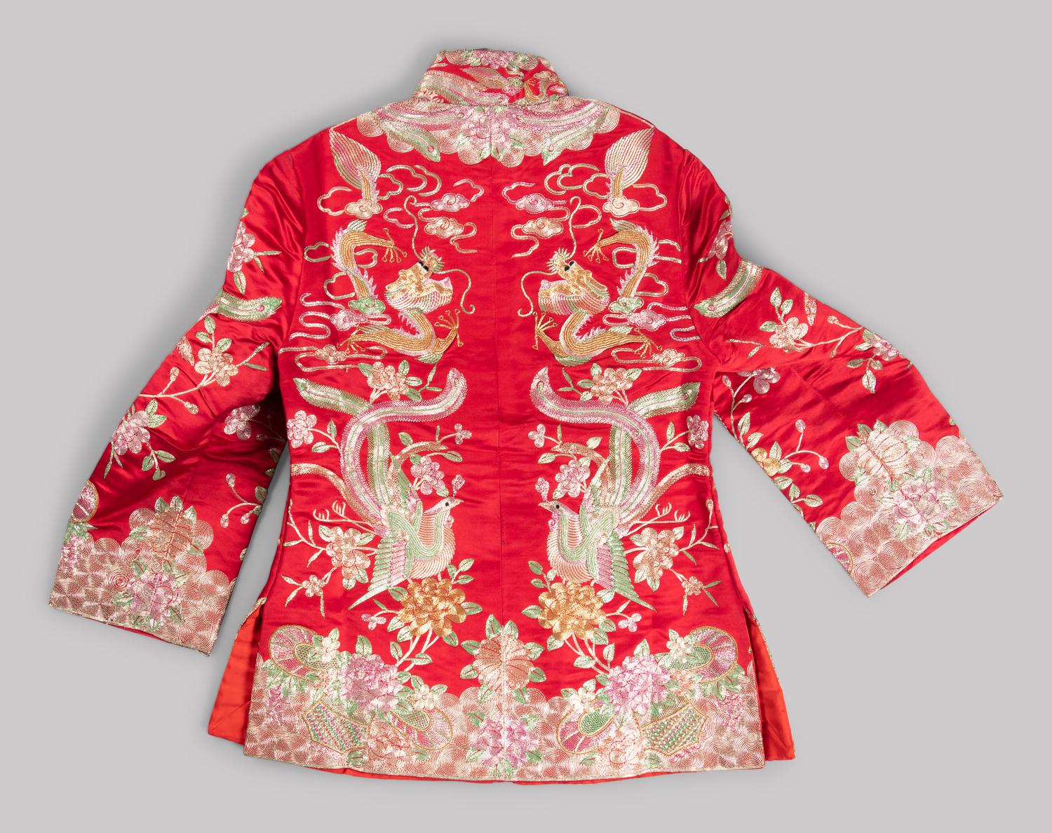 Two Sets of Chinese Embroidered Silk Wedding Gowns
